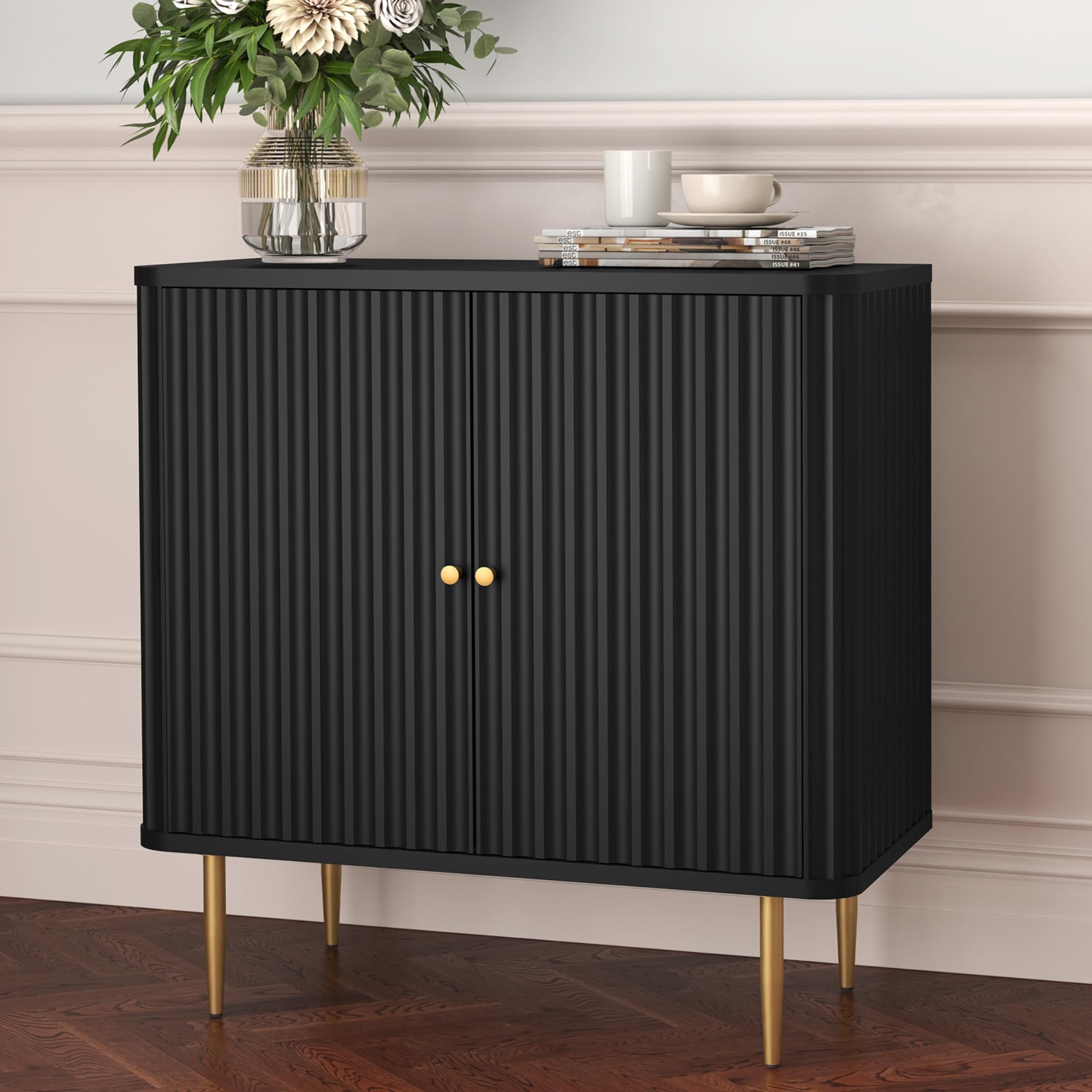 HLR Sideboard Buffet Cabinet with Fluted Texture, Black Accent Cabinet with 2 Doors, Modern Credenza Storage for Kitchen Living Room, Entryway (Black,