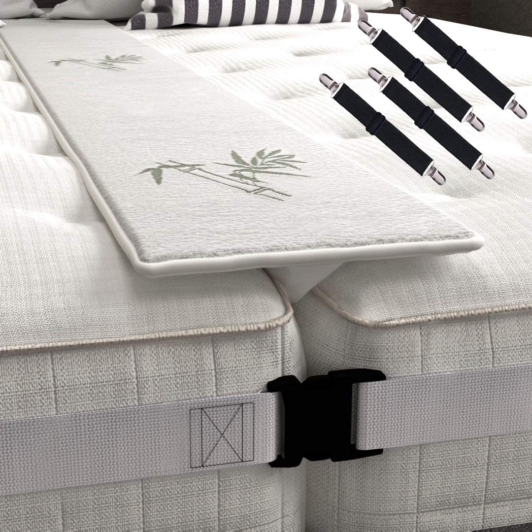 Bamboo Bed Bridge Twin To King Converter Kit - Wide Bed Gap Filler to Make Twin Beds Into King - Adjustable 2 Inch Wide Mattress Connecting Strap and 4 Bed Sheets Fasteners - Storage Bag Included