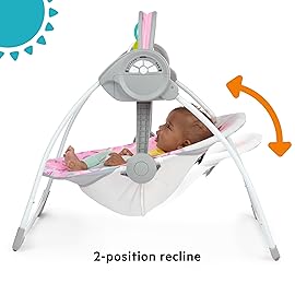 Bright Starts Pink Paradise Portable Compact Automatic Baby Swing with Music, Unisex, Newborn +