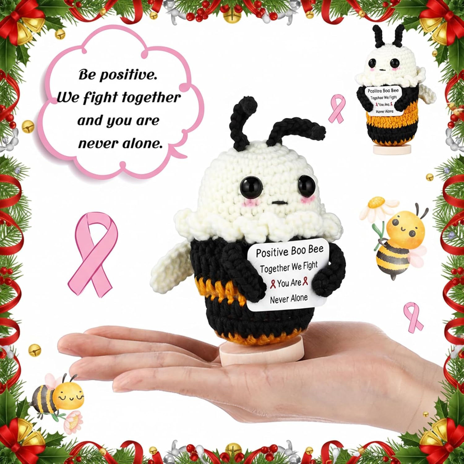 Soulchen Breast Cancer Gifts for Women Positive Bee Crochet with Support Card Breast Cancer Survivor Gifts Cancers Awareness Decorations Heal Knitted Decor - Image 3