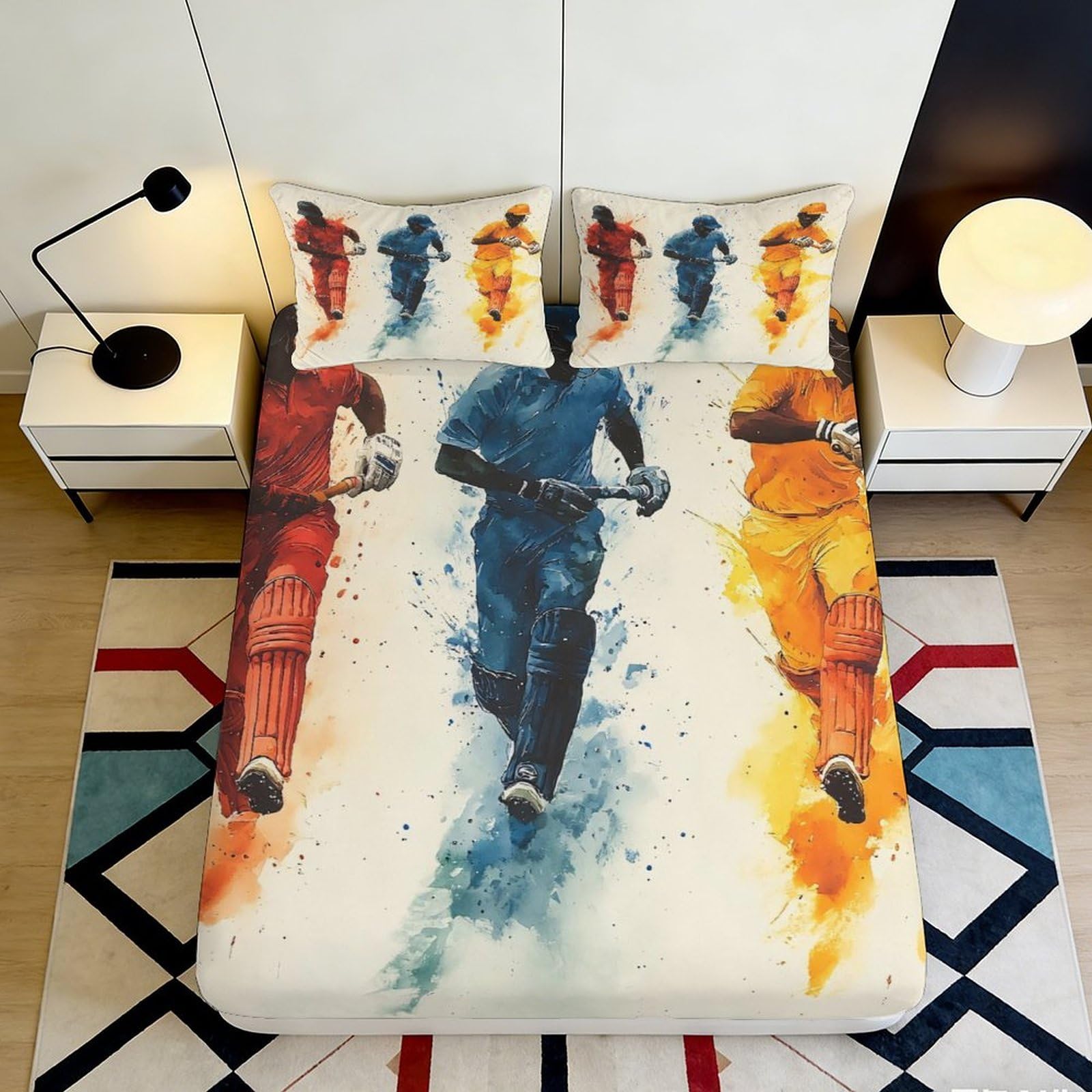 3D Printed Cricket Players Fitted Sheet Microfiber Soft Breathable Sports Design Bed Cover for Bedroom Dormitory Guest Room Mattress Protection Decor 140x200x25cm