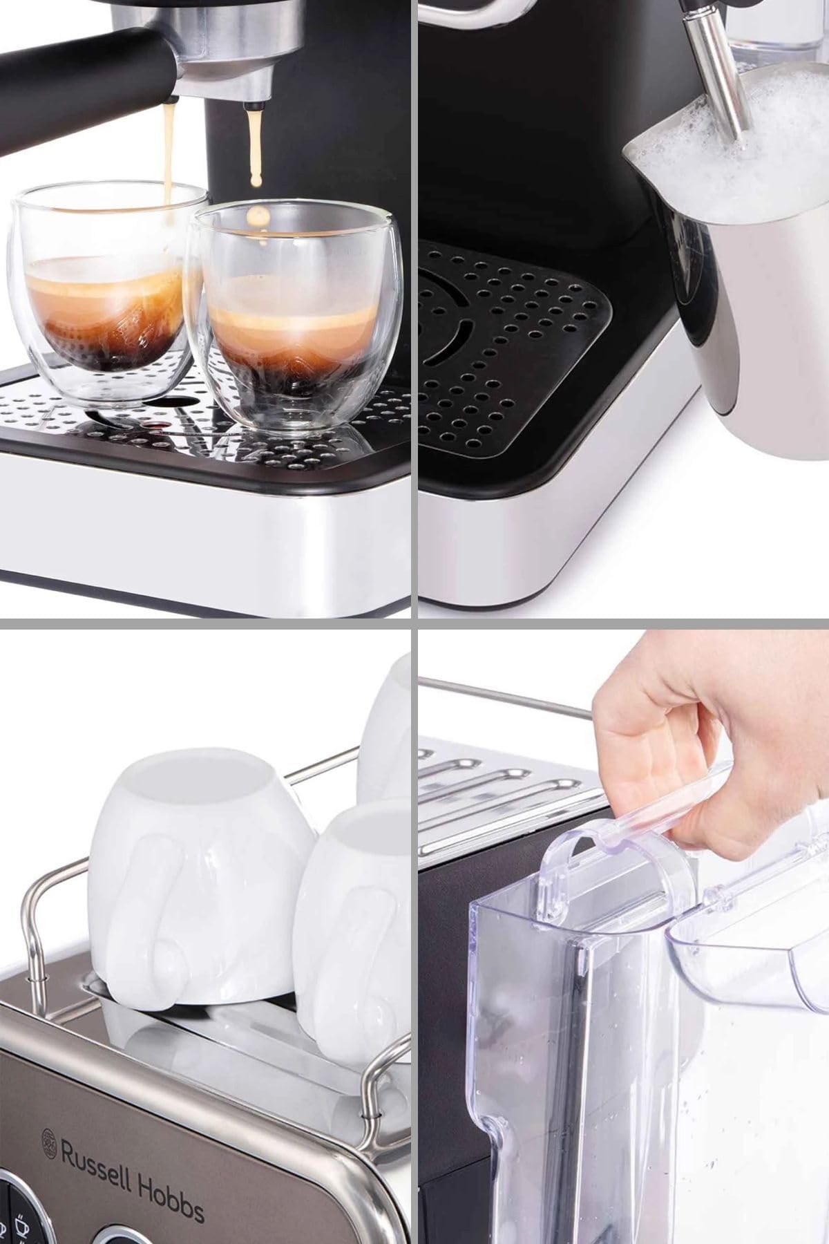 Russell Hobbs Espressomaschine [Siebträgermaschine] Distinction Edelstahl Titanium (15 Bar, Einsatz 1&2 Tassen, ESE Pads, autom.Dosieren & man.Option, Dampfdüse f Heißwasser & Milchschaum) 26452-56