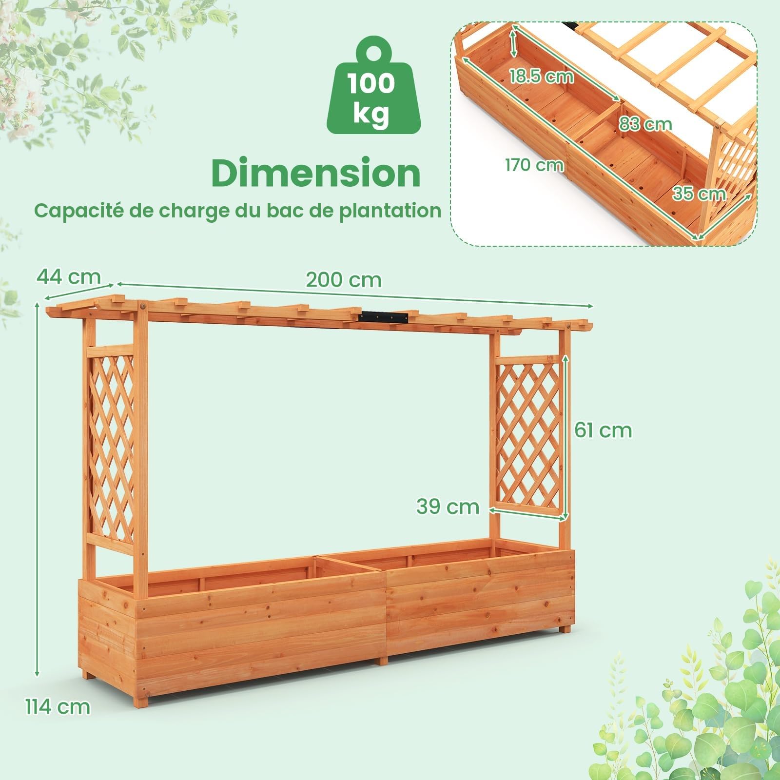 HOMASIS Jardiniere Exterieur Grande avec 2 Treillis et Etagère de Toit, Bac à Fleurs Surélevé en Bois pour Plantes Grimpantes, Jardiniere avec Treillis pour Jardin Balcon, 200x44x114cm, Orange