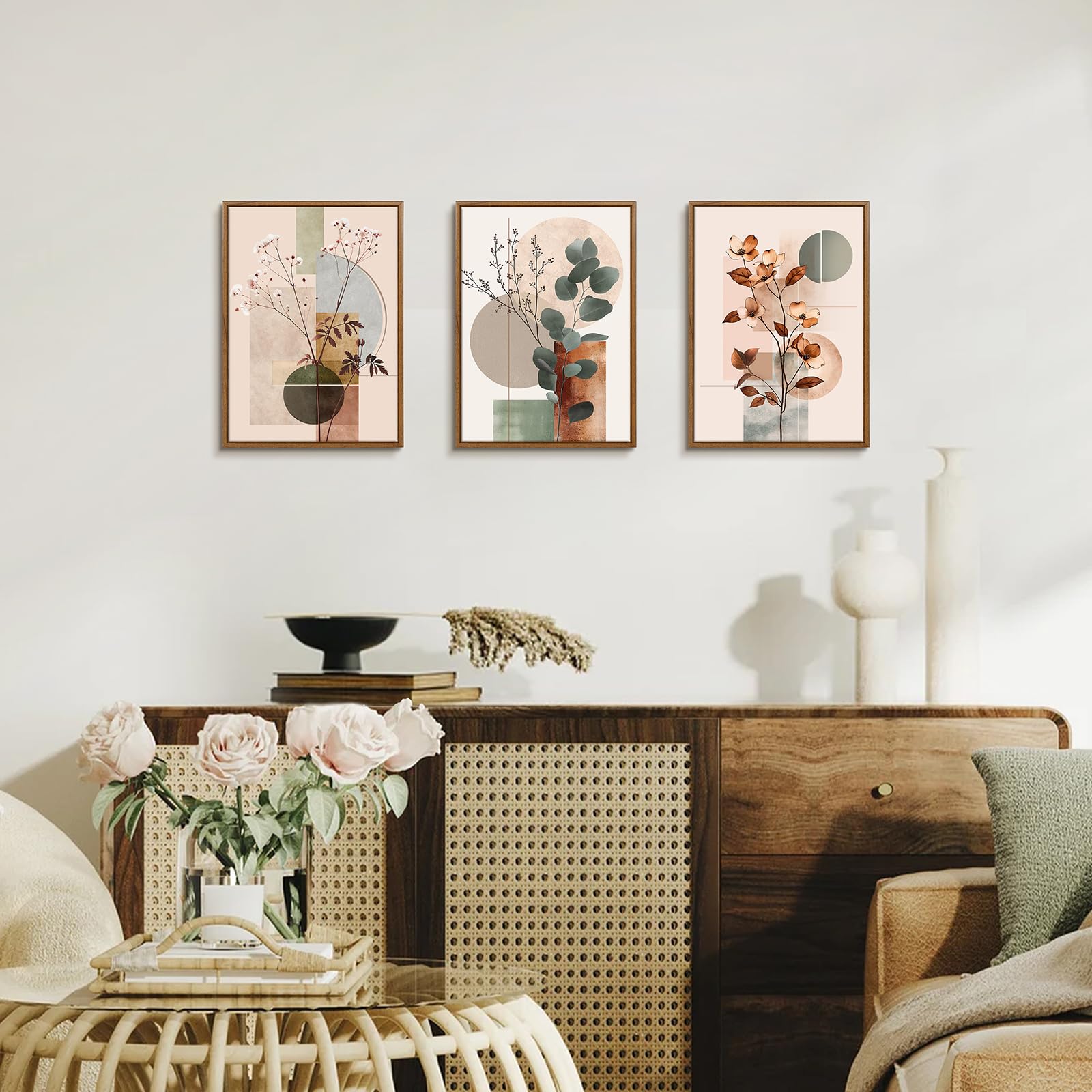 3Pcs En Bois Cadre Beige Géométrique Plantes Floral Tableau Décoration Murale Salon Botanique Coton Eucalyptus Feuille Impression sur Toile Peintures sur Toile Décor Murale Pour Chambre Maison 30x40x3