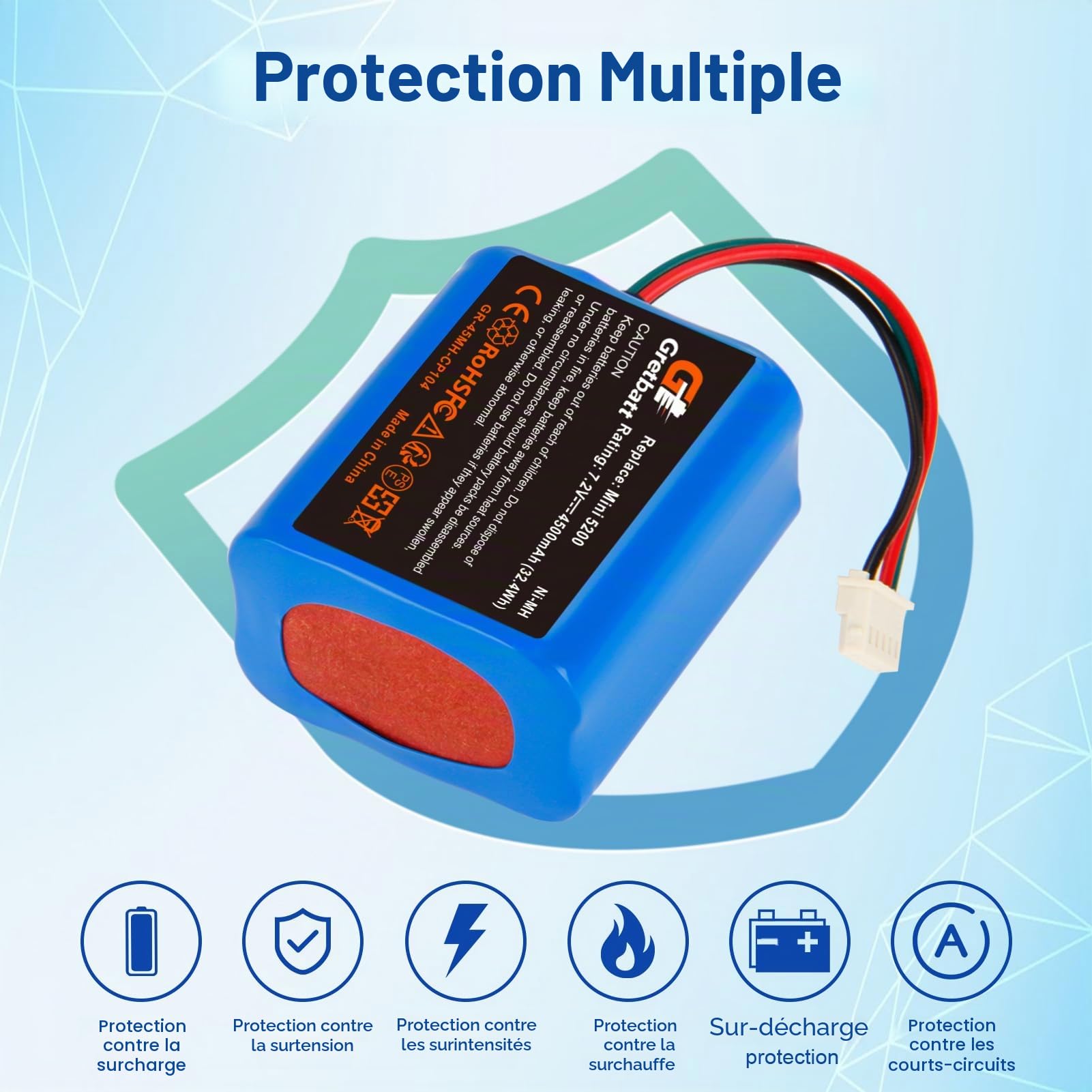 Batterie Rechargeable Ni-MH 7.2V 4500mAh, Batterie de Rechange pour IRobot Braava 380, 380T, 390T, Compatible avec Les Robots nettoyeurs Mint 5200, 5200B et 5200C.