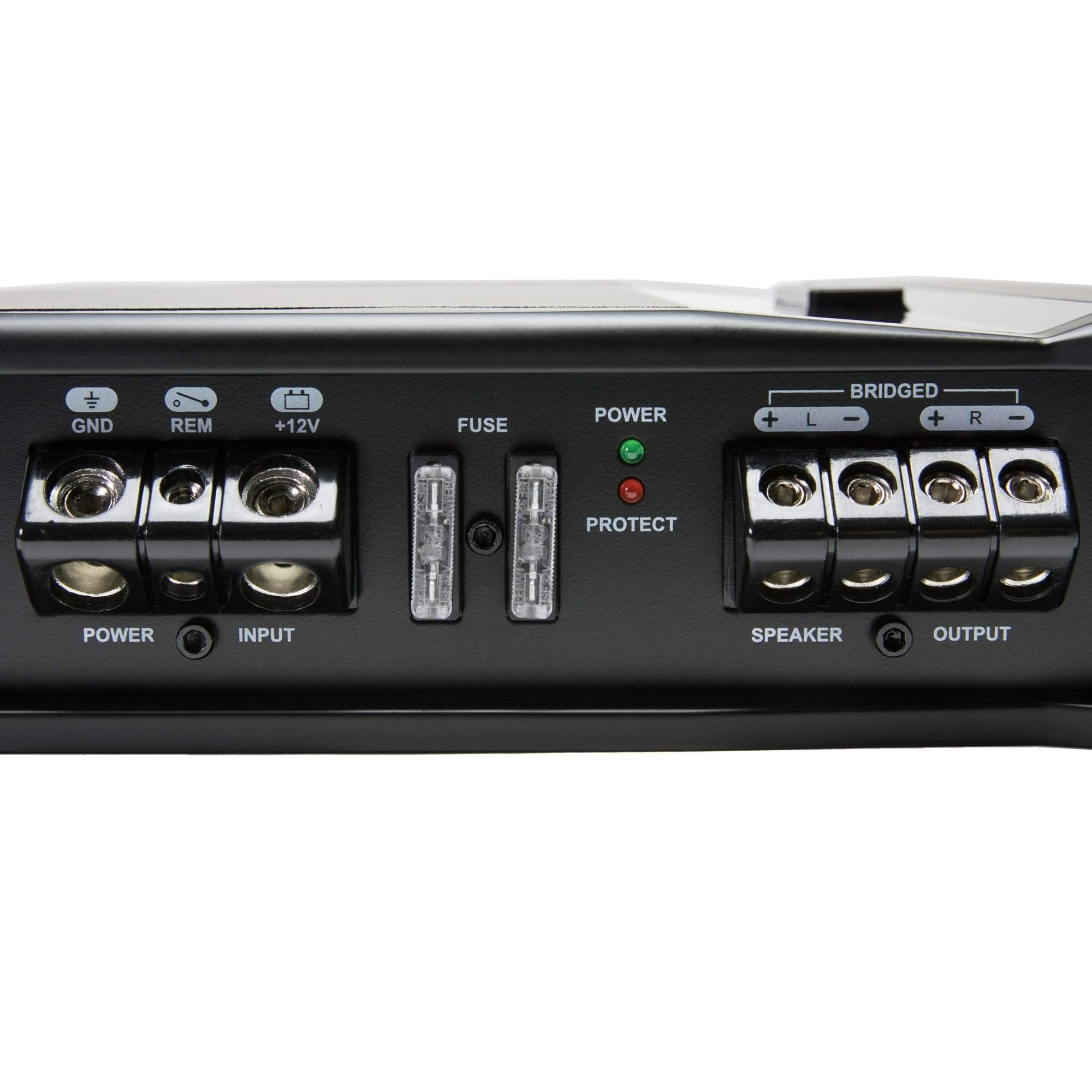 Close-up of power and speaker terminals on MB Quart ZA2-1000.2 ampнастан.