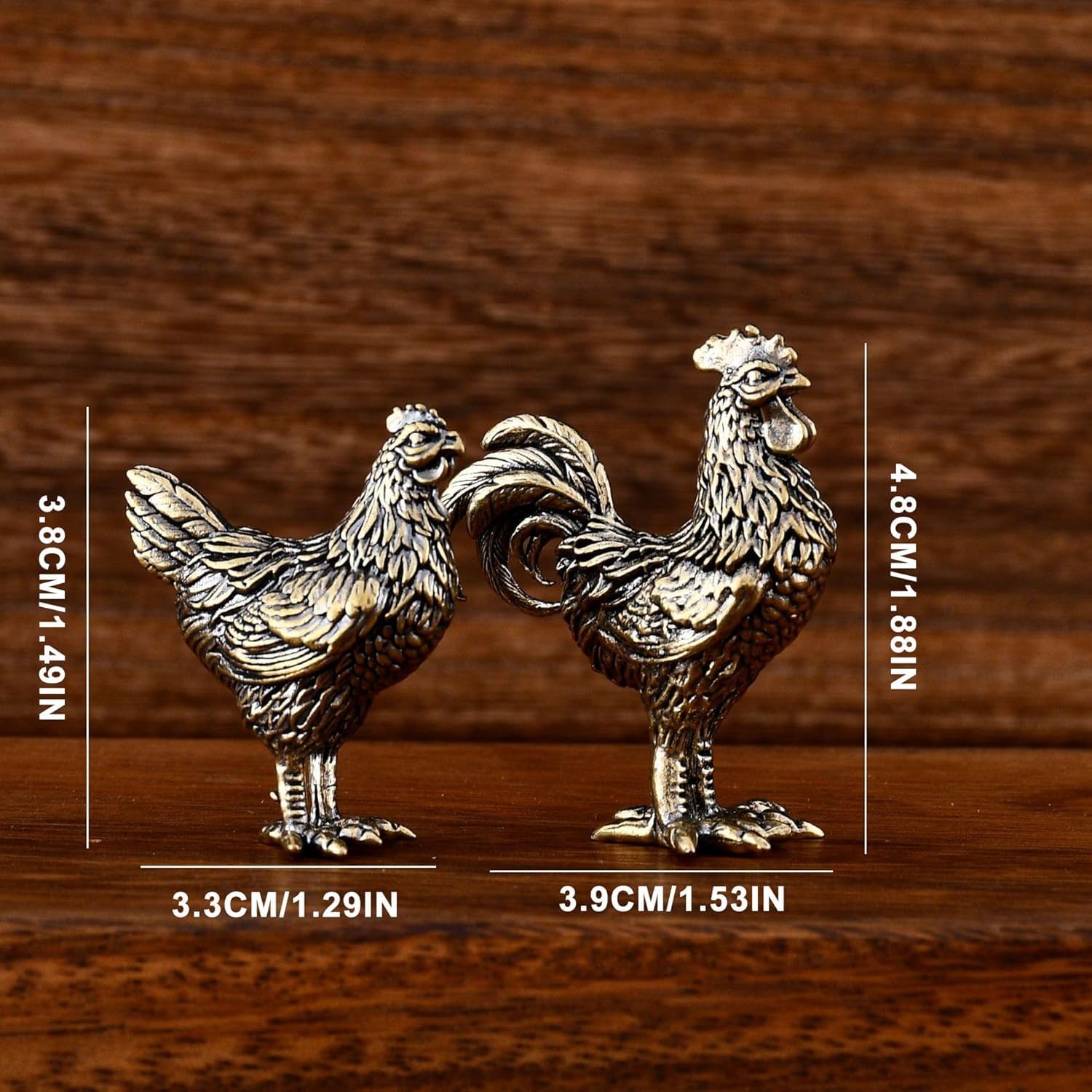 Brass Rooster & Hen Figurine, Miniature Animal Sculpture, Decorative Ornament for Home Office Desk Shelf, Vintage Farmhouse Decoration image 2
