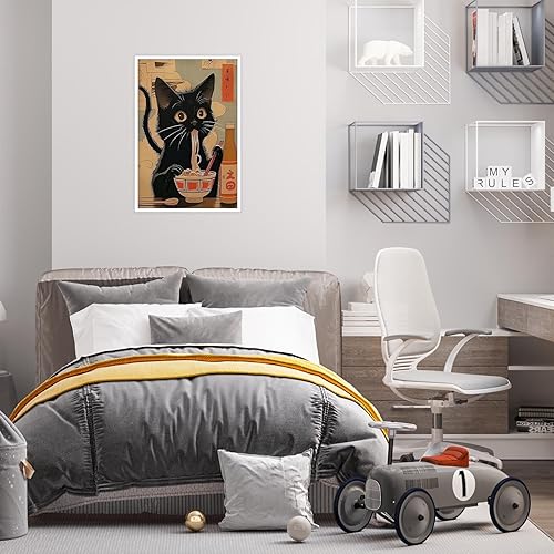 Miniatura 6 de Póster de lienzo retro de animales japoneses con gato negro, estilo vintage, gato comiendo ramen, arte de pared, regalo para amantes de los fideos,