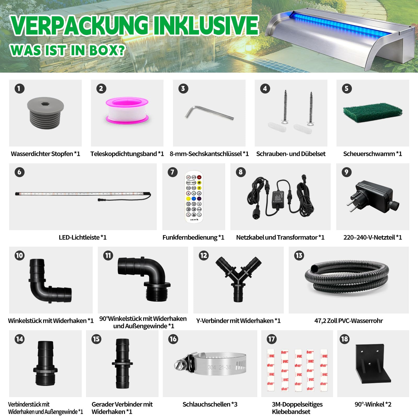 LONGRUN 90cm Gebogener Teich-Wasserfall aus Edelstahl 304 mit RGB LED-Leiste & Bluetooth-App-Steuerung, Garten-Wasserfall für Teich, Pool und Schwimmbad
