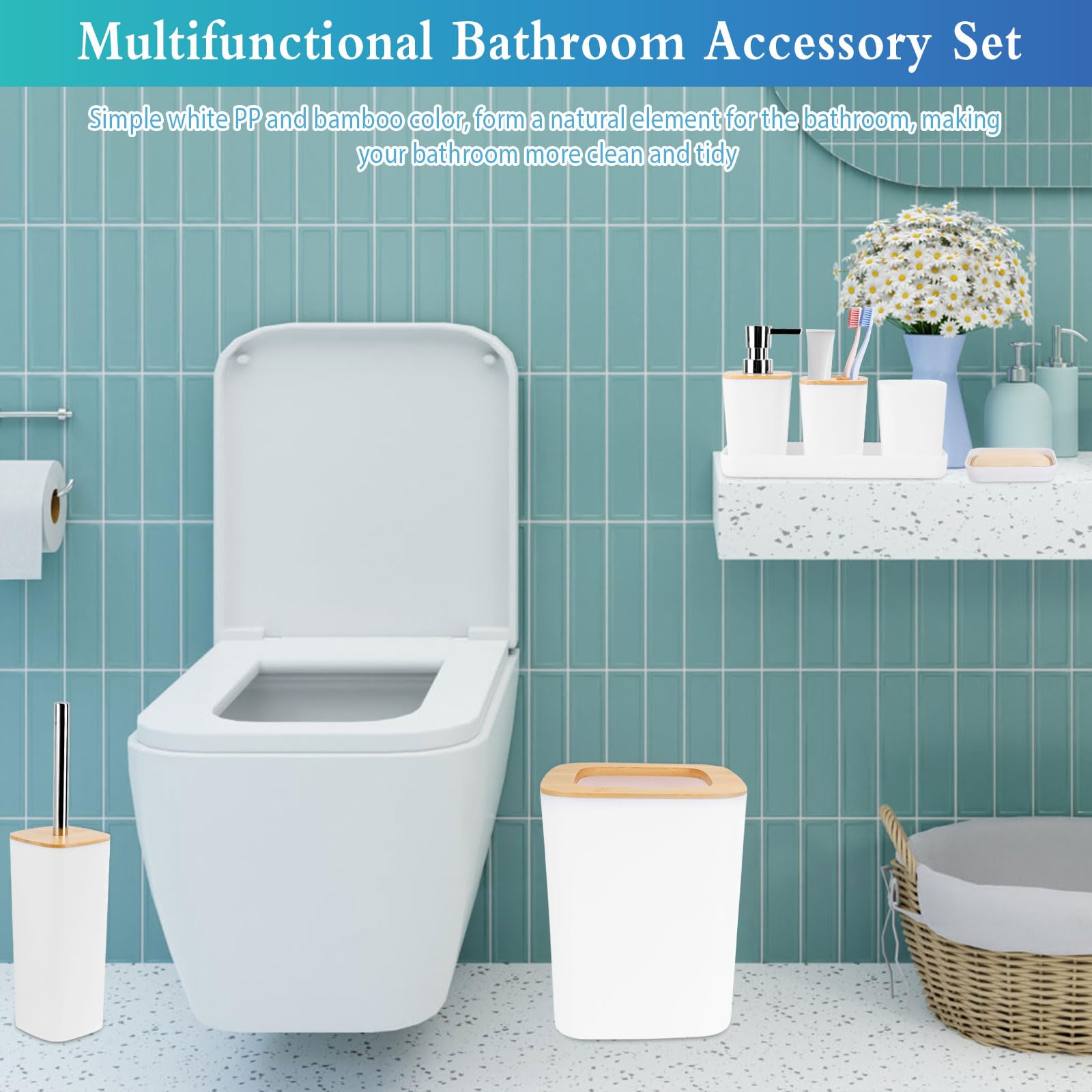 Dadabig Accesorios de Baño de Bambú, Juego de 7 Accesorios de baño, Dispensador de Jabón, Soporte para Cepillos de Dientes, Vaso de Enjuague y Jabonera (Blanco)