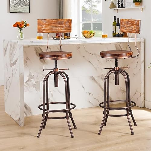 Miniatura 11 de Diwhy Taburete de bar industrial, de 26-32 pulgadas, ajustable, giratorio, de madera, de metal, con respaldo, para cocina, comedor, pub, bistró,