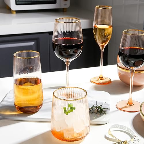 Miniatura 7 de 1 copa de vino con borde dorado de 13 onzas, copa de vino de tallo rojo o blanco, copa de vino acanalada rosa claro para fiestas, citas nocturnas,