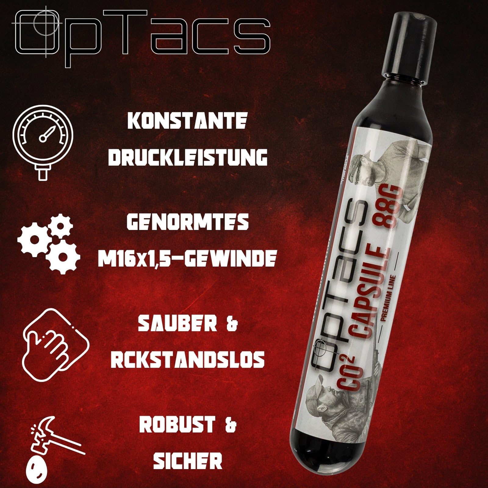 OpTacs 88g CO2 Kapsel 10er Set – CO₂-Kartusche für Luftdruckwaffen, Airsoft, Paintball – Gewinde M16x1,5 – langanhaltend & präzise
