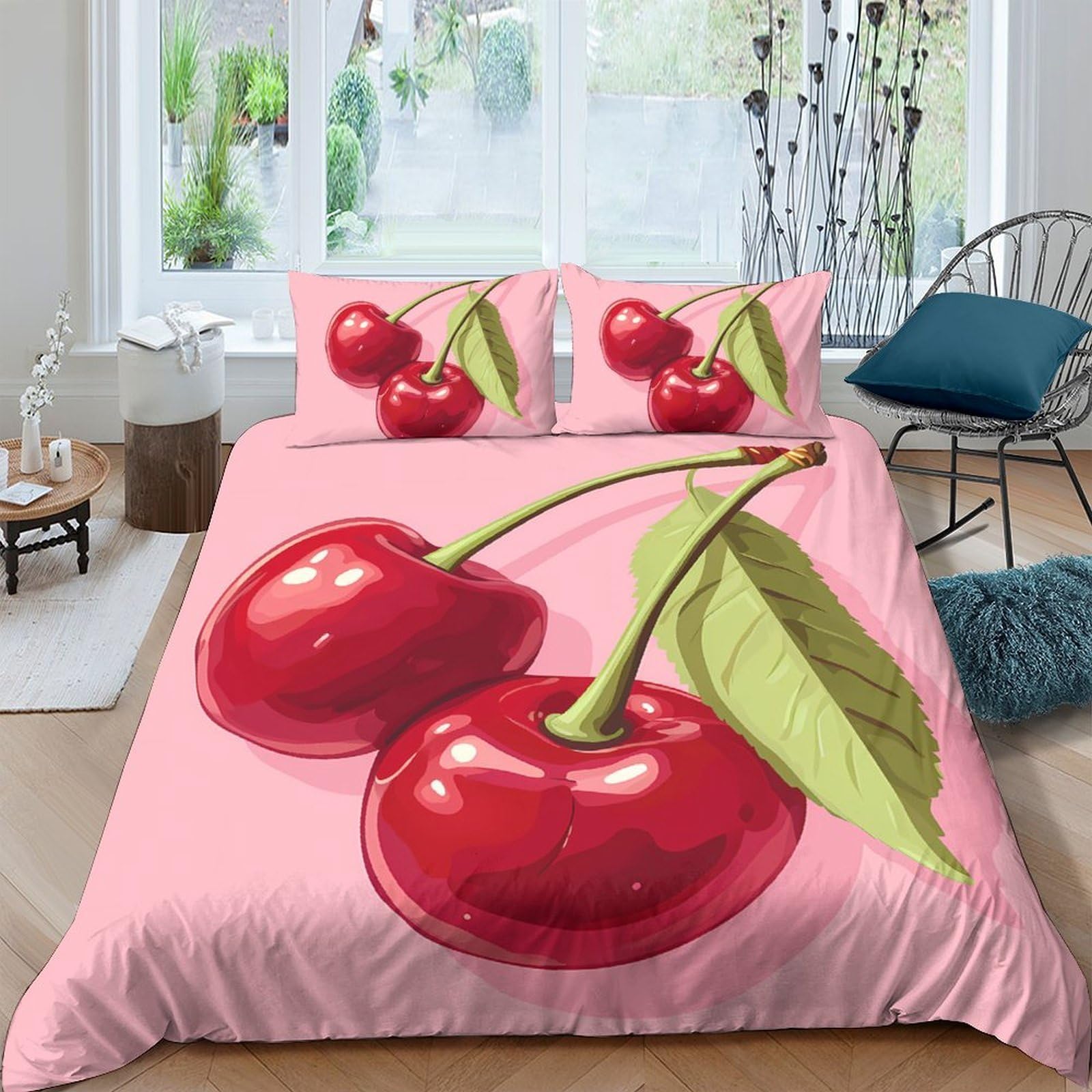 Ctjqhvkz Style-4 3D Printed Cherry Fruit Fitted Sheet Microfiber Pink Bedroom Decor Red Leaf Bed Cover Slip Resistant Easy Care Single（135X200cm）