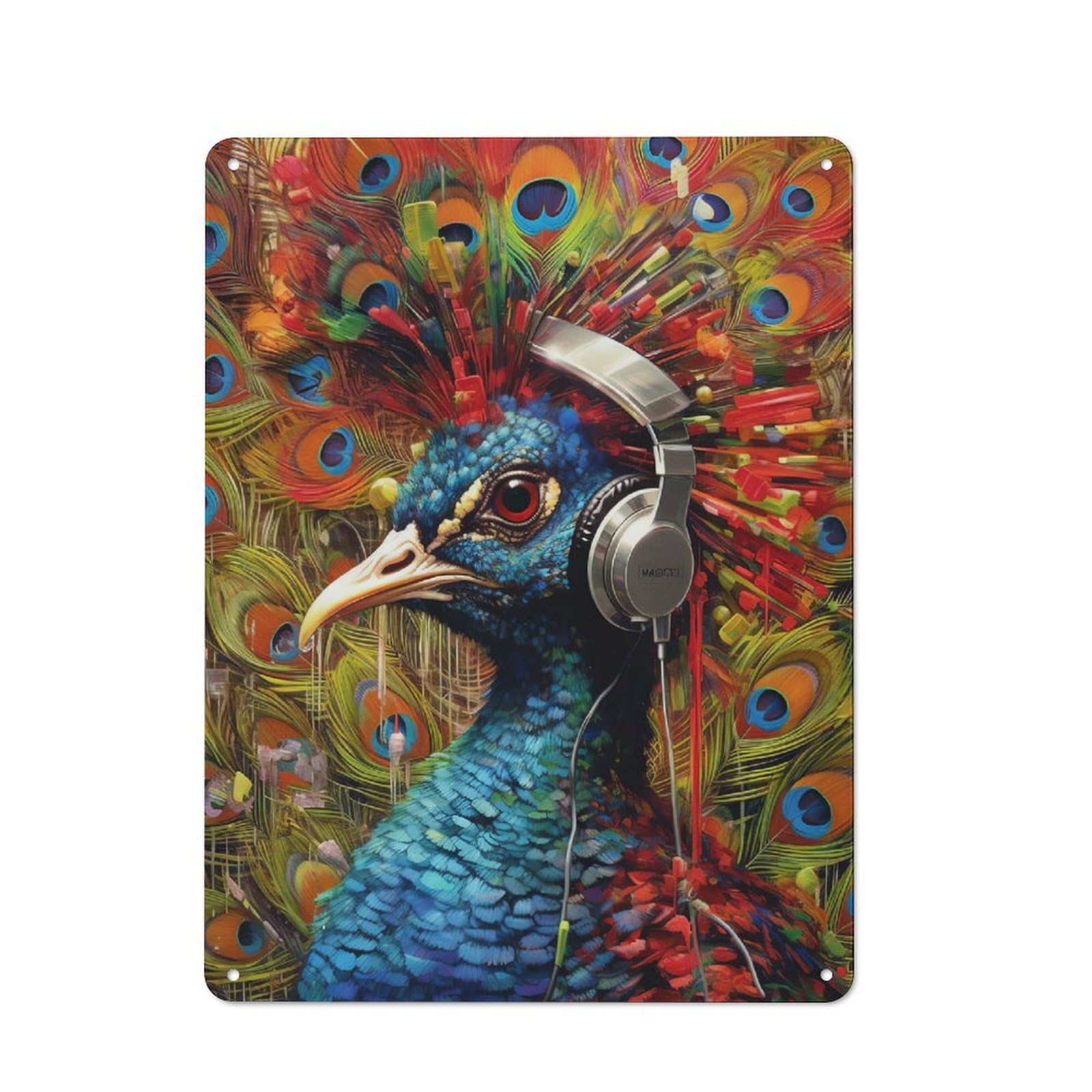 Peacock with Headphones Classic Metal Wall Decor 40x30cm, Metal Wall Plaque for Office, Study, Studio Or Hallway