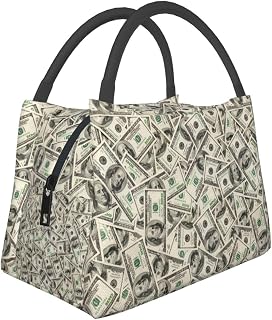 Fake Money 100 Dollar Bills Play Money Insulated Lunch Bag Large Meal Box Container Portable Foldable Tote Bag Reusable Cooler Sack Leakproof Handbag for Picnic Beach Office Work
