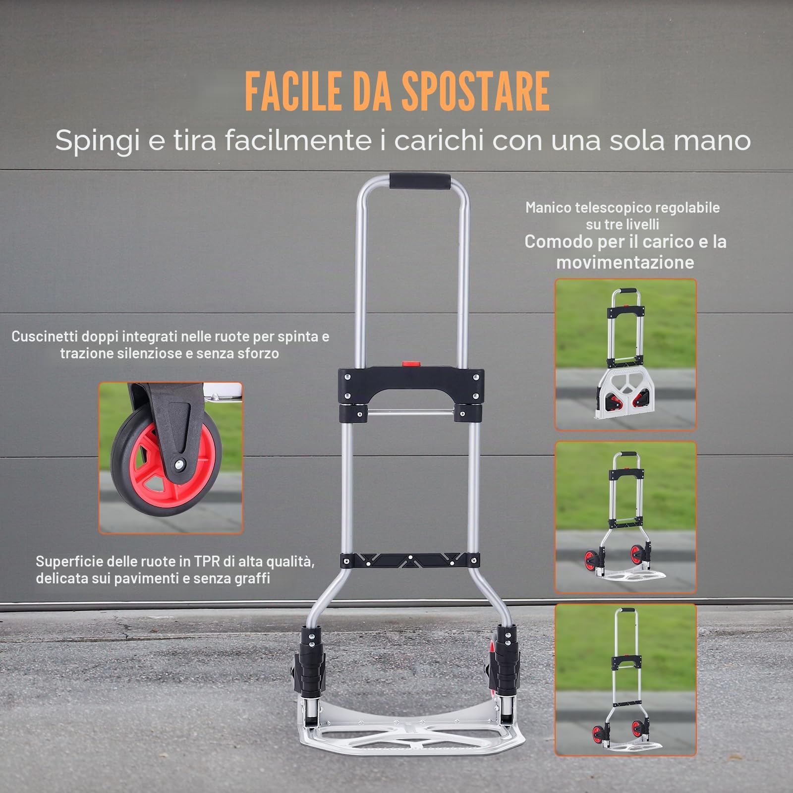VEVOR Carrello a Mano Pieghevole Portata Max. 80 kg Carrello a Mano in Alluminio Pieghevole per Carichi Pesanti con Ruote in Gomma Maniglia Telescopica per Trasporto Domestico Merci di Magazzino 80kg