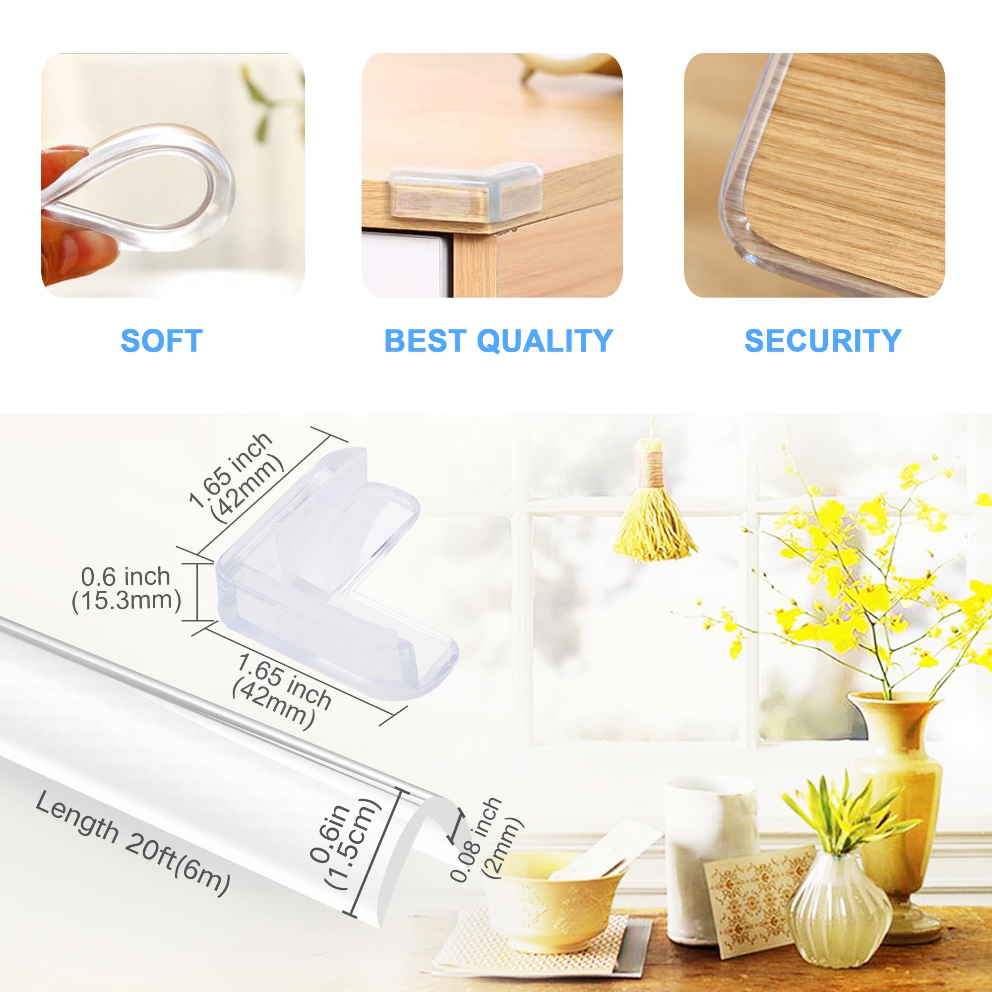 Protectores de esquina, protectores de esquina a prueba de bebés, tira de parachoques transparente de silicona suave con adhesivo fuerte precintado mejorado para armarios, mesas, electrodomésticos (20