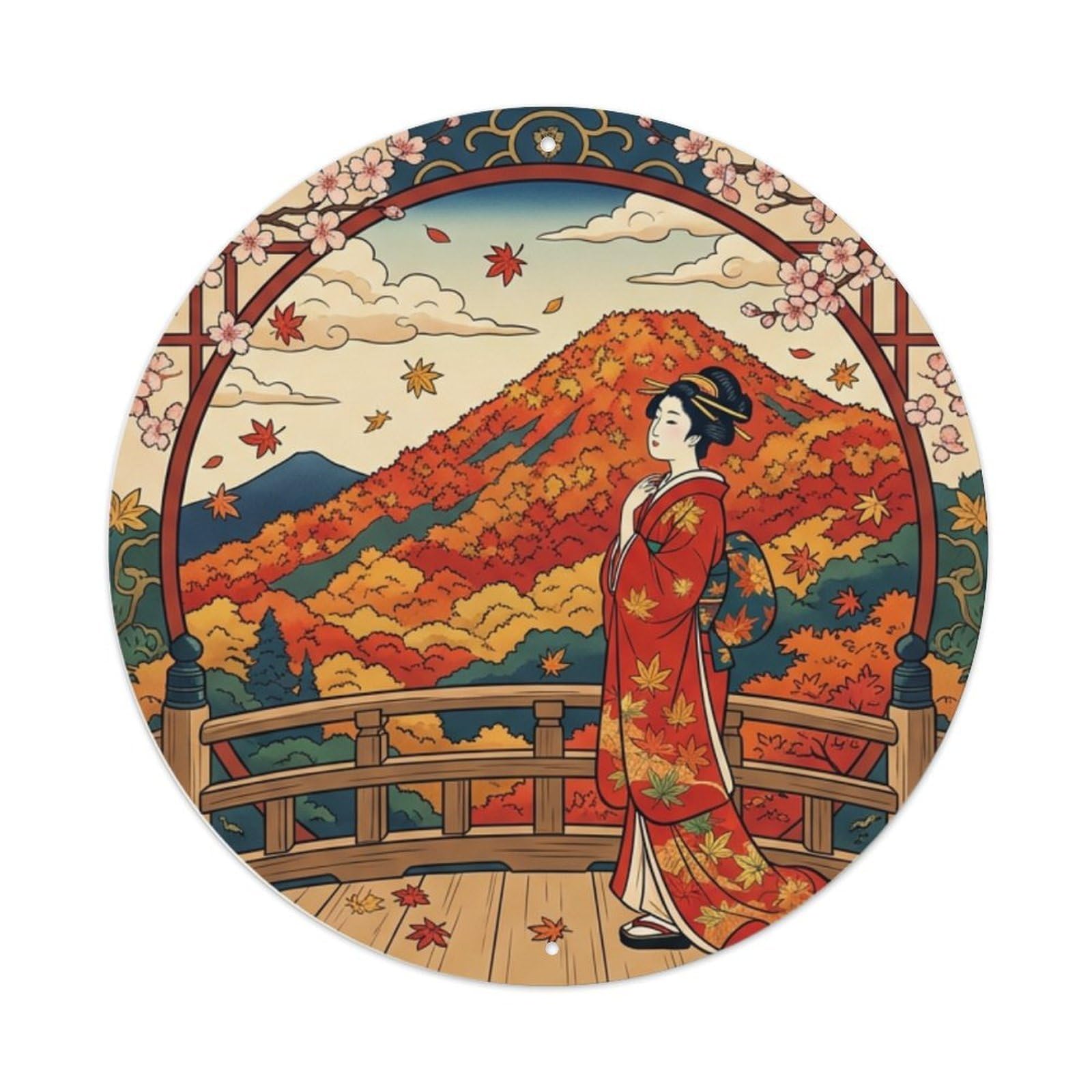 Metal Tin Sign Japanese Geisha Red Maple Mountain Admiring Ukiyo-e