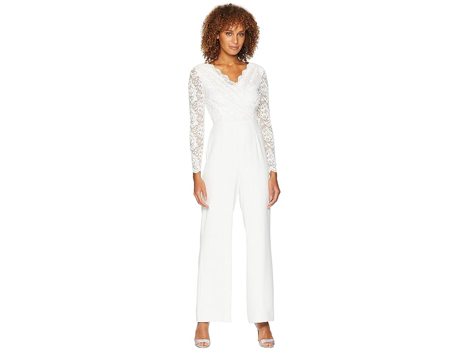 

Tahari by ASL Long Sleeve Crepe/Sequin Lace Jumpsuit with V-Neckline (Ivory White) Women's Jumpsuit & Rompers One Piece