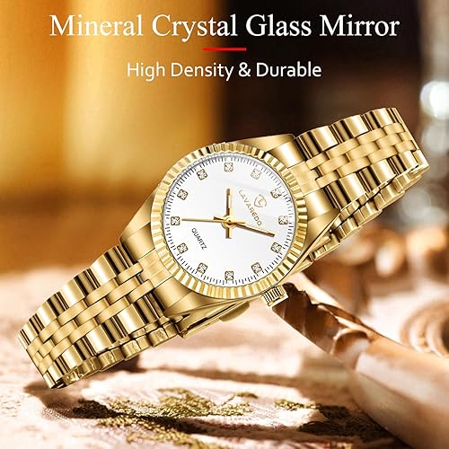 Miniatura 3 de Gold Womens Watch Set, 18K Gold Plated Bangle Bracelets Ring for Women, Dainty Ladies Wrist Waterproof Analog Watch with Luminous, Valentine