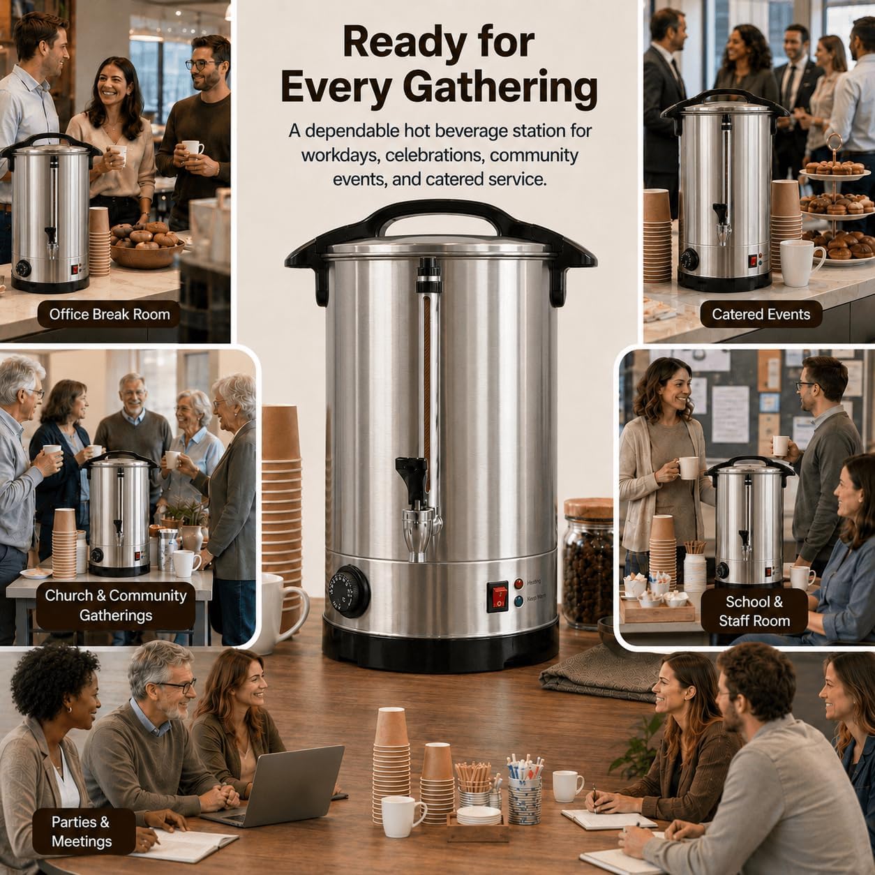 100 Cup Coffee Urn, 15L Stainless Steel Hot Beverage Dispenser