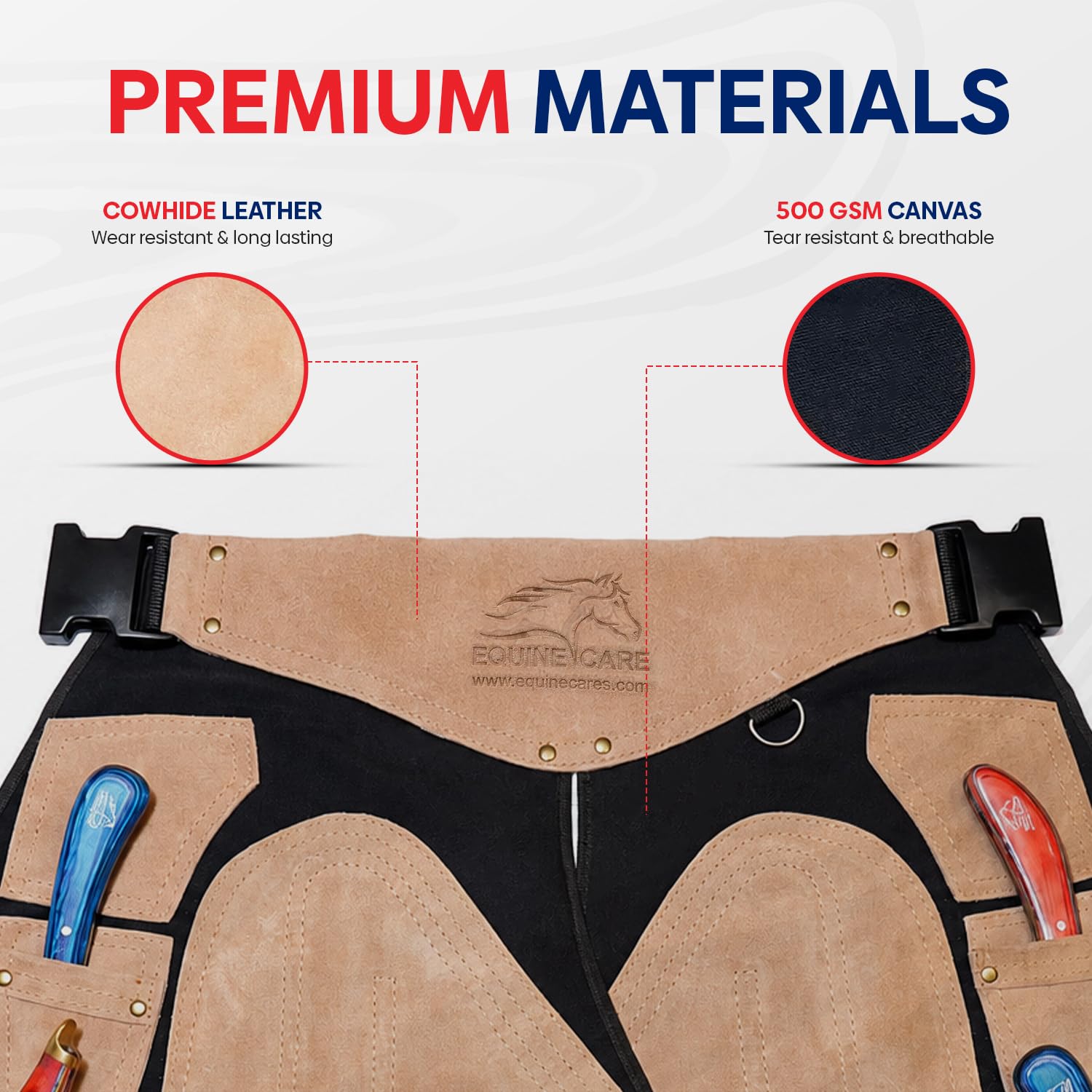 Equine Care Farrier Chaps 4 bolsillos para cuchillos e imán de uñas, delantal de cuero de gamuza y lona para zapatos de caballo (23 pulgadas-59 cm)