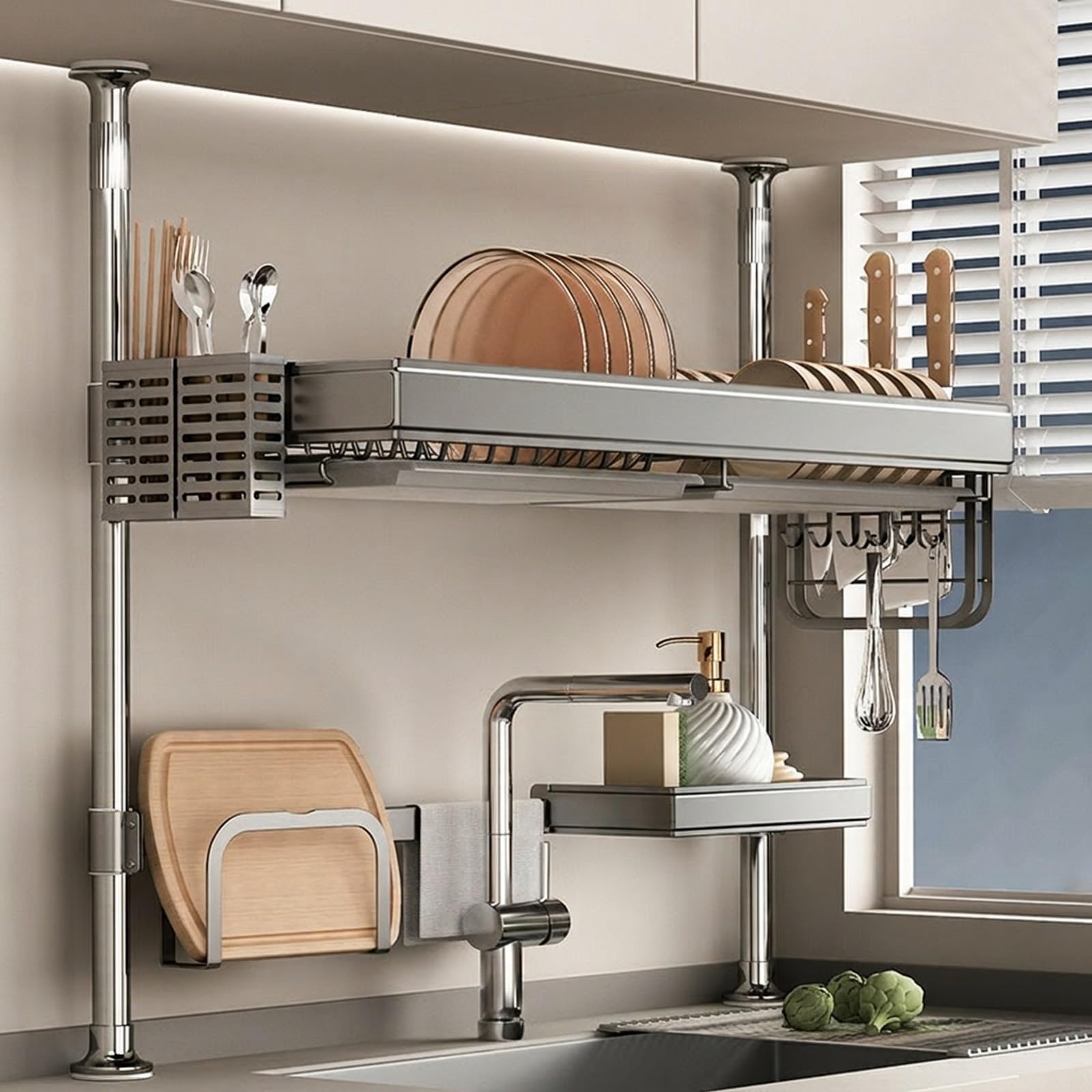 Spülbecken Abtropfgestell Teleskopisch, Edelstahl Geschirrablage höhenverstellbar, Platzsparender Küchenorganizer über Spüle für Ordnung(98cm/38.6in)