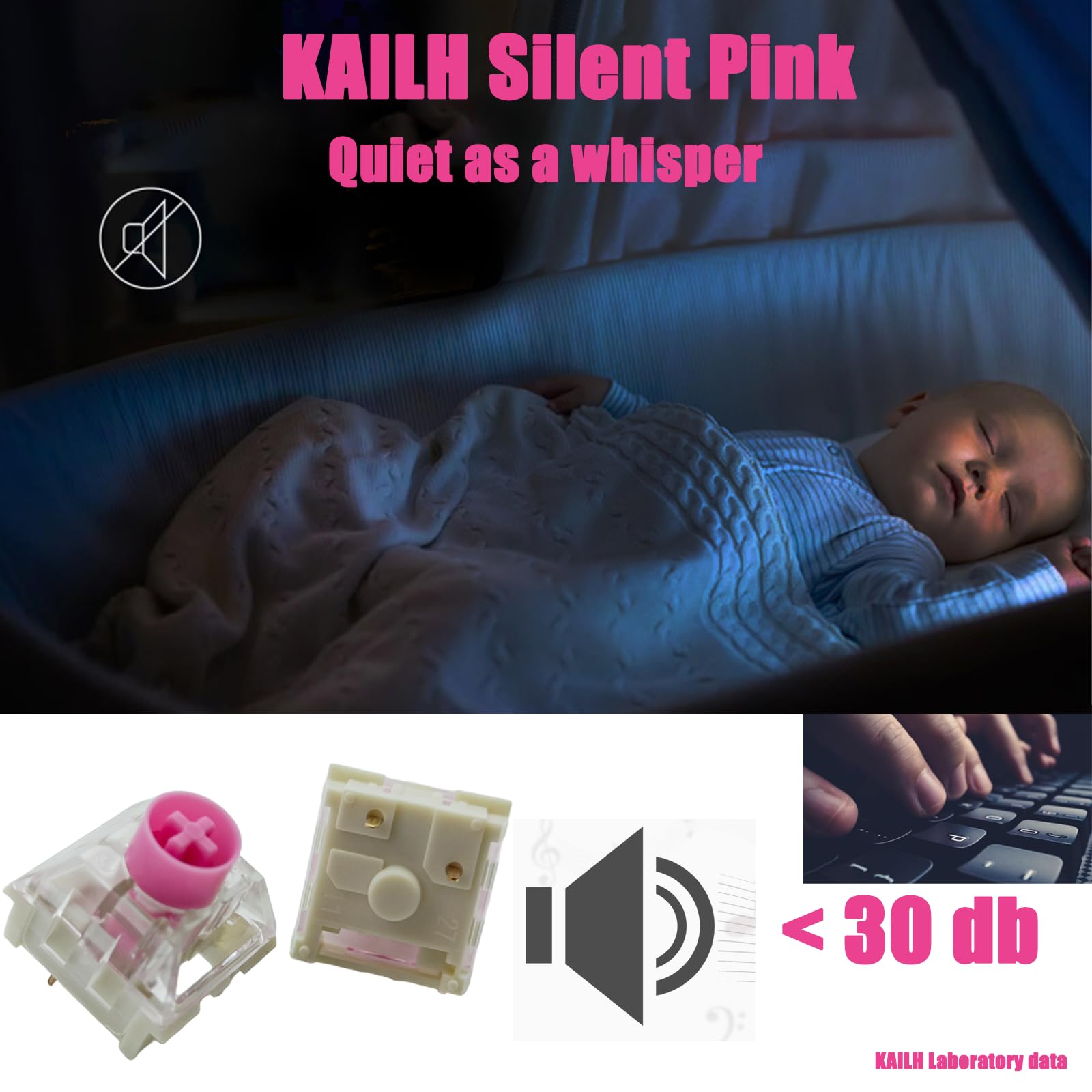 Zjmehty Ciche przełączniki klawiatury, Kailh Box, ciche, różowe przełączniki do klawiatury mechanicznej, 3-pinowe, 35 gf, liniowe, pisanie i gry, wodoodporne przełączniki (cichy różowy, 72 szt.)