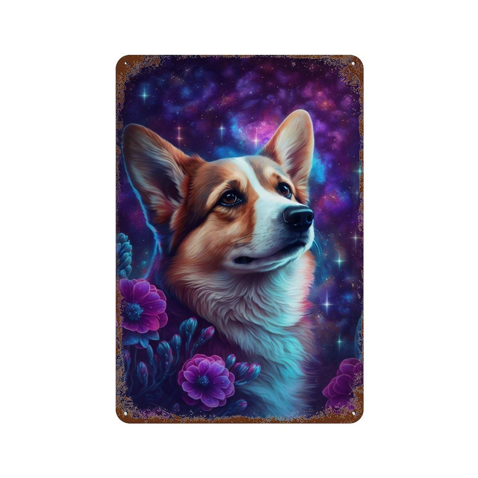 Starry Night Corgi with Flowers -1 Retro Metal Sign 11.8"x7.9", Shabby Chic Decor for Bistro, Counter And Cafe Decor