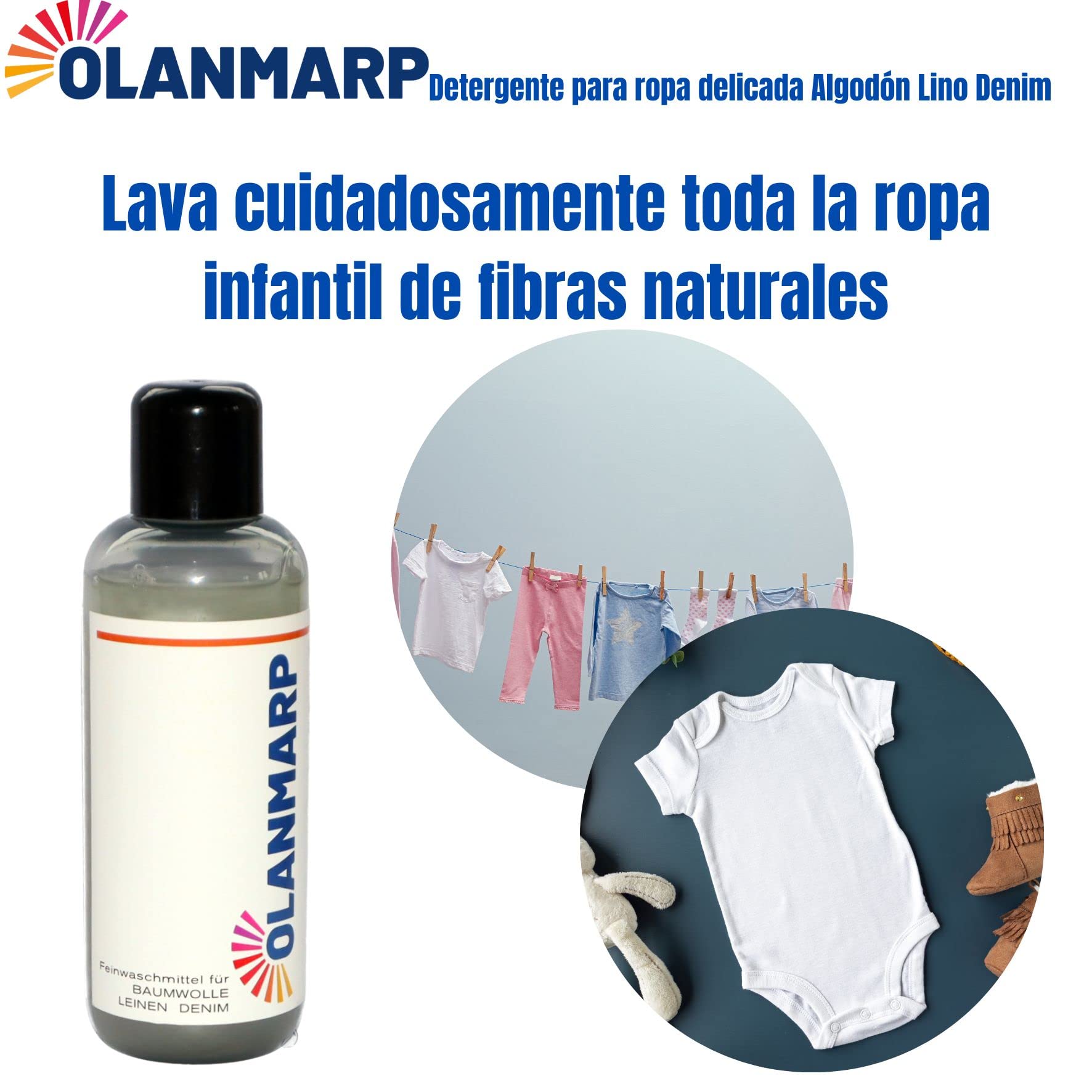 Detergente para algodón y lino Olanmarp concentrado – detergente líquido suave para lavado a mano y a máquina – ideal para fibras naturales y ropa delicada – sin químicos agresivos (480 ml)