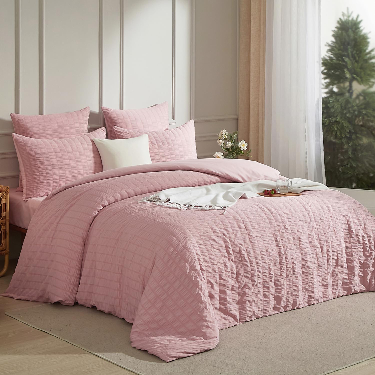 Housse de couette 200x200 seersucker de qualité supérieure Luofanfei rose