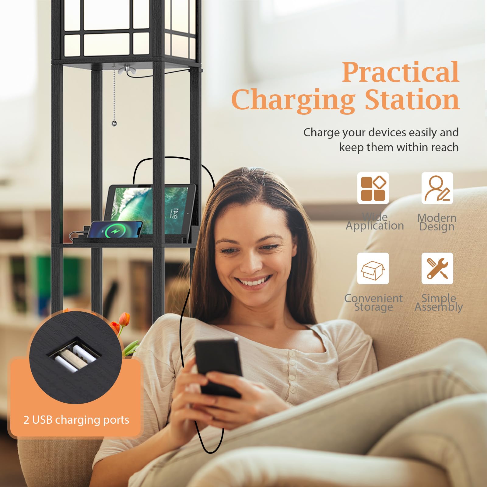 Lampada Da Terra HOMASIS Con 3 Ripiani E Cassetto – 2 Porte USB, Attacco E27, Altezza 160,5 Cm, Design Nero Moderno