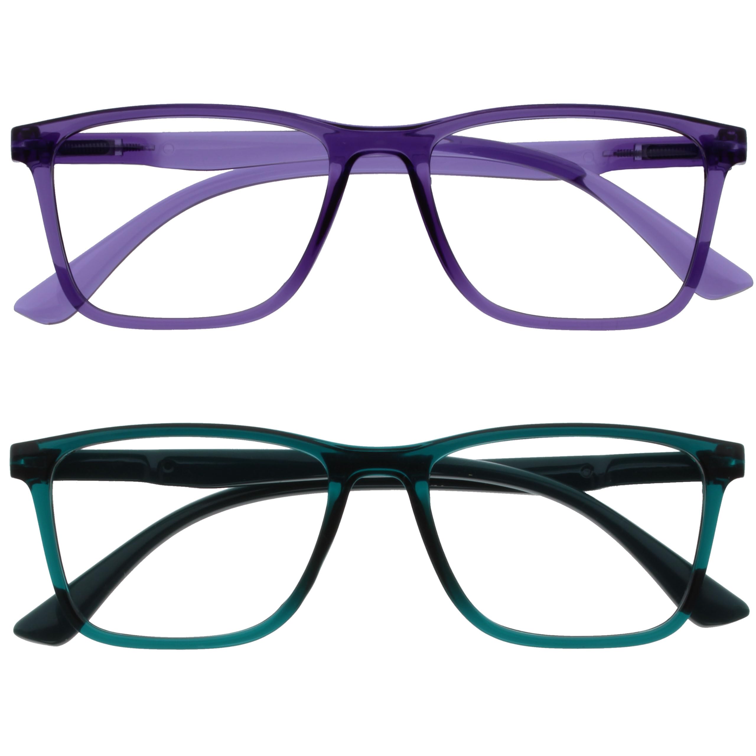 OPULIZE NYX Reading Glasses with Blue Light Blocking for Women Men, Rectangular Frame with UV & Eyestrain Protection, Anti-Glare Computer Gaming Glasses, Purple, Turquoise +0.0 (Pack of 2)