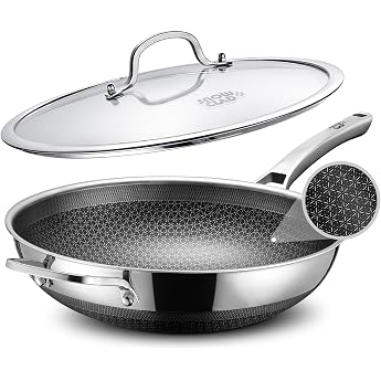 SNOWCLAD Wok Pan 32 cm Hybrid Woks and Frying Pans Non-Stick Honeycomb Pan with Lid Stainless Steel Pan Induction Pan Suitable for All Types of Hobs Oven and Dishwasher Safe PFOA Free