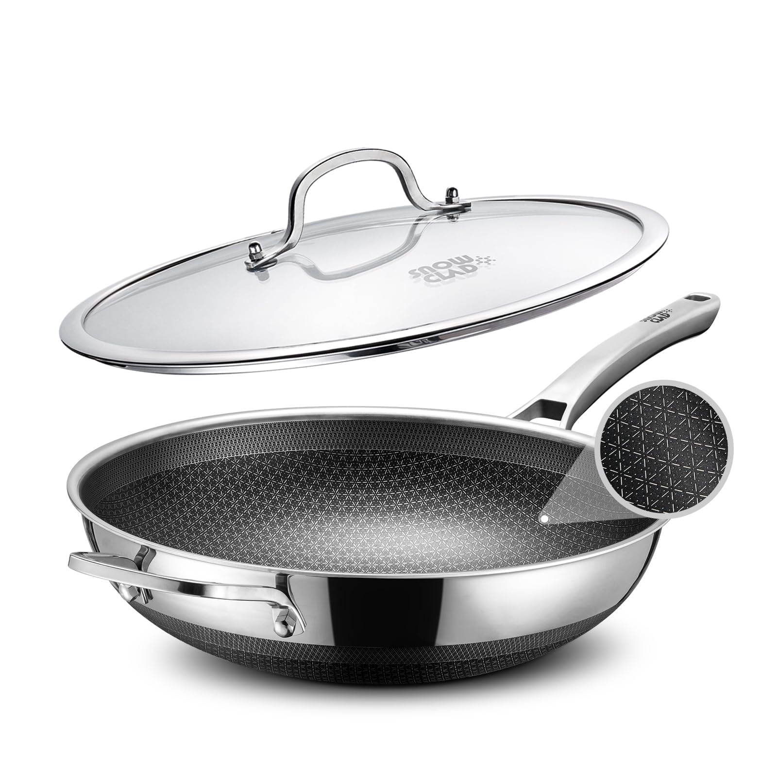 SNOWCLAD Wokpfanne Induktion 30cm Hybrid-Woks und Bratpfannen, Antihaft Wabenpfanne mit Deckel, Edelstahlpfanne, Für Alle Herdarten Geeignet, Ofen-und Spülmaschinenfest, Pfoa Frei