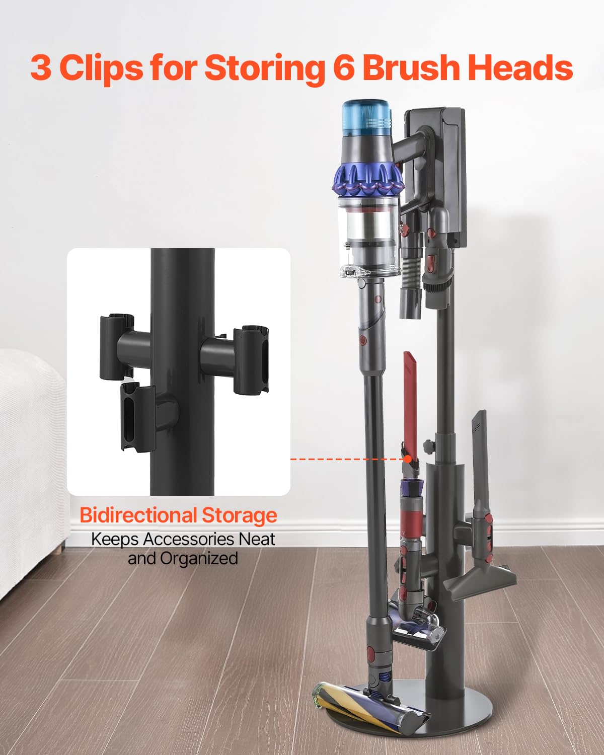 VEVOR Support d'Aspirateur pour Dyson V7, V8, V10, V11, V12, V15, SV10, SV12, SV14, SV18, SV21, Porte-aspirateur Vertical Stable avec 3 Clips et Hauteur Réglable 865-1300 mm pour Espaces Restreints
