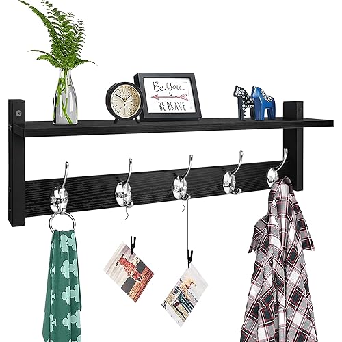 Homode Coat Rack Wall Mount with Shelf, 24" Long Entryway Shelf with Hooks Underneath, Wooden Coat Hanger for Hanging Hats, Bathroom Towels, Clothes, Black