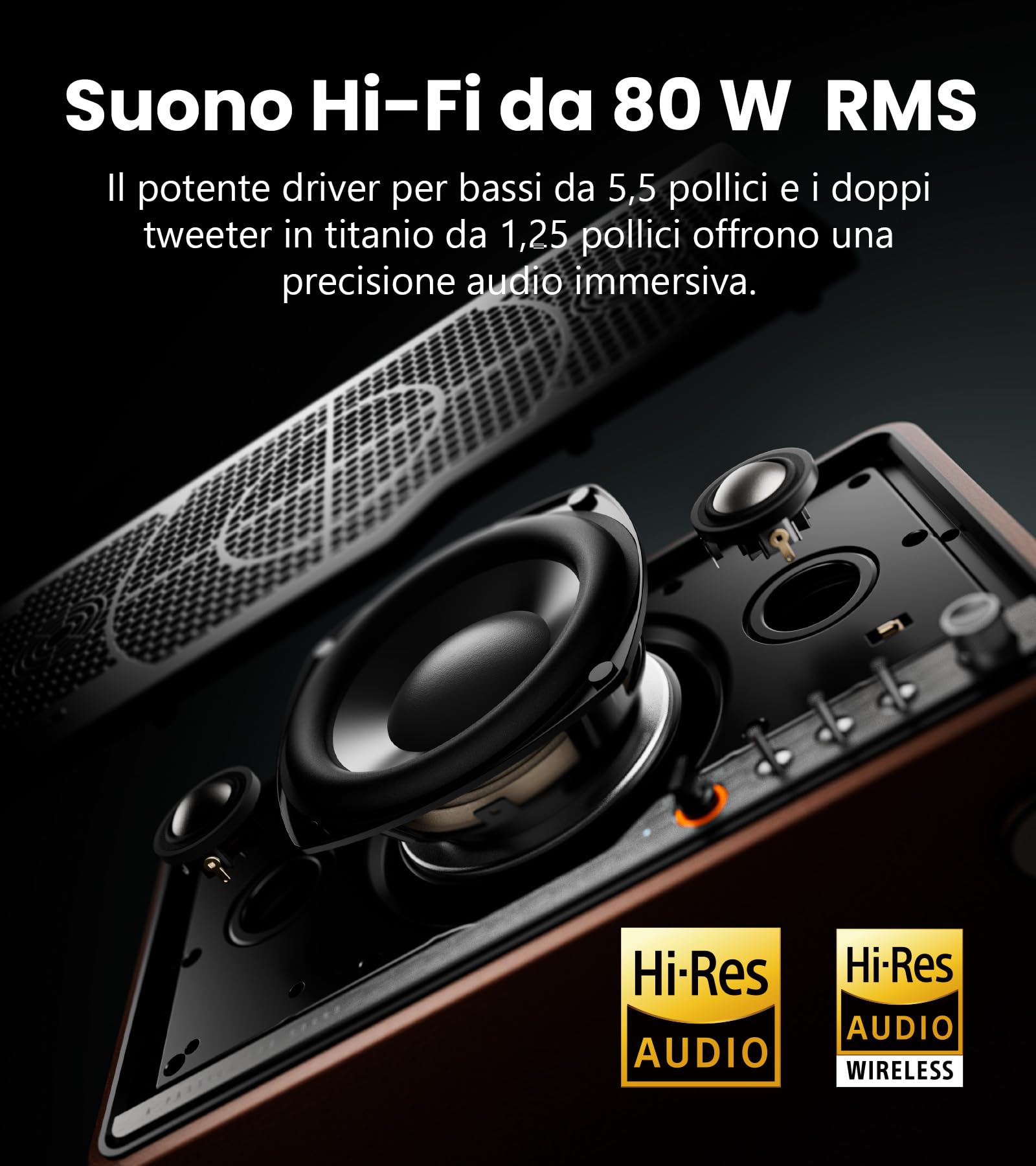 Edifier S300 Altoparlante Retro da Tavolo, Audio Hi-Res Cablato e Wireless, Potenza 80W (RMS), Bluetooth 5.4 Multi-punto, WiFi Multi-stanza (AirPlay 2), Ingressi AUX e USB-C, Noce Nero