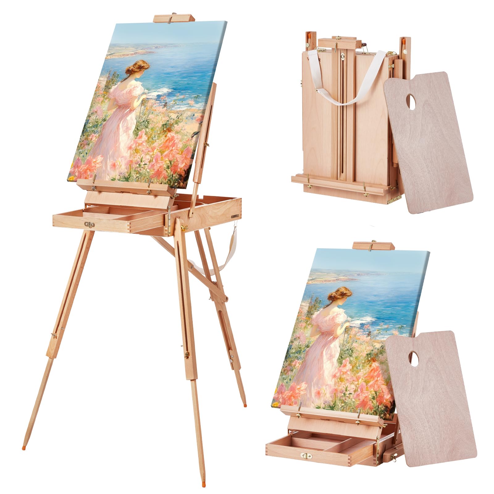 Cavalletto Regolabile Per Pittura In Legno Di Faggio - Treppiede Con Cassetto, Altezza Regolabile 71-180cm, Per Artisti E Hobbisti