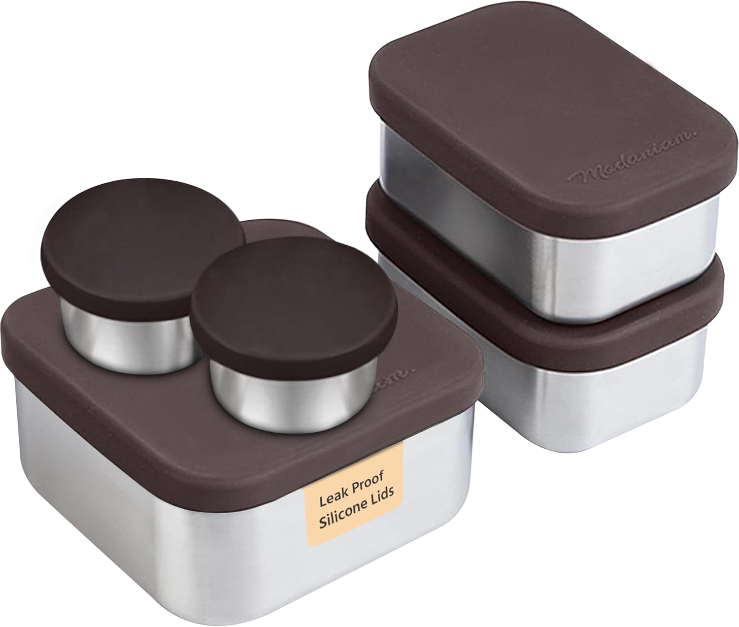 Flexibento - Leak proof Stainless Steel Bento Box | Stainless steel Snack Containers | Food Containers with Silicone Lids | Metal Lunch Box -Mocha Brown | 1 * 25 OZ + 2 * 13 OZ + 2 * 1.5 OZ