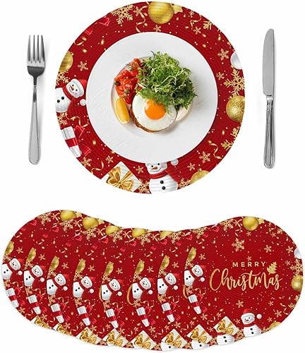 Miniatura 11 de Christams Round Placemats Set of 6 Red Merry Christmas Table Mats for Dining Table Decor Gold Balls Snowman Round Braided Placemats Heat Resistant