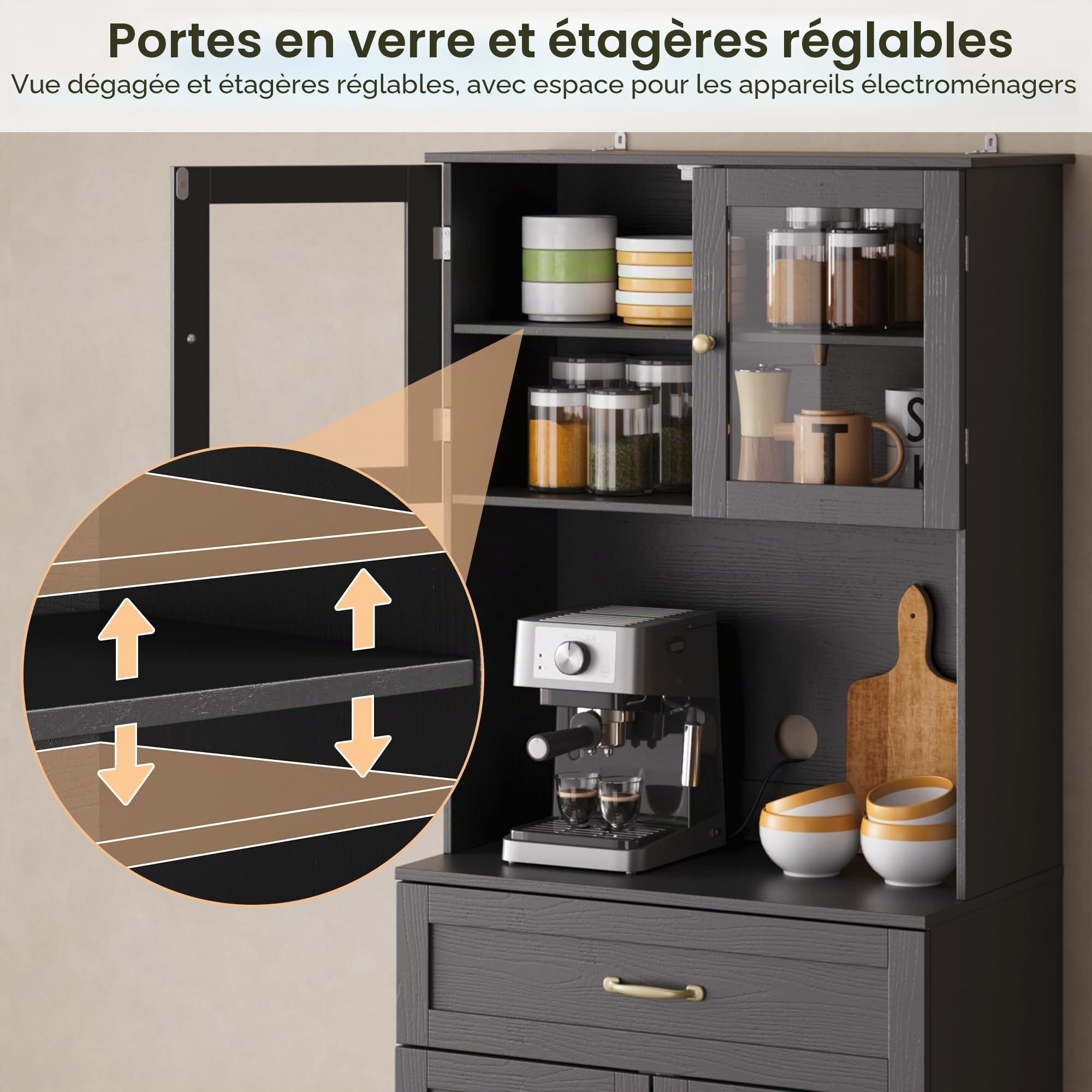 Haute Buffet,Admoire de Cuisine,Sideboard avec Portes en Verre, tiroir, Trou pour câbles et étagères réglables en Hauteur, pour Cuisine et Salle à Manger, 180x73x40 cm,Noir