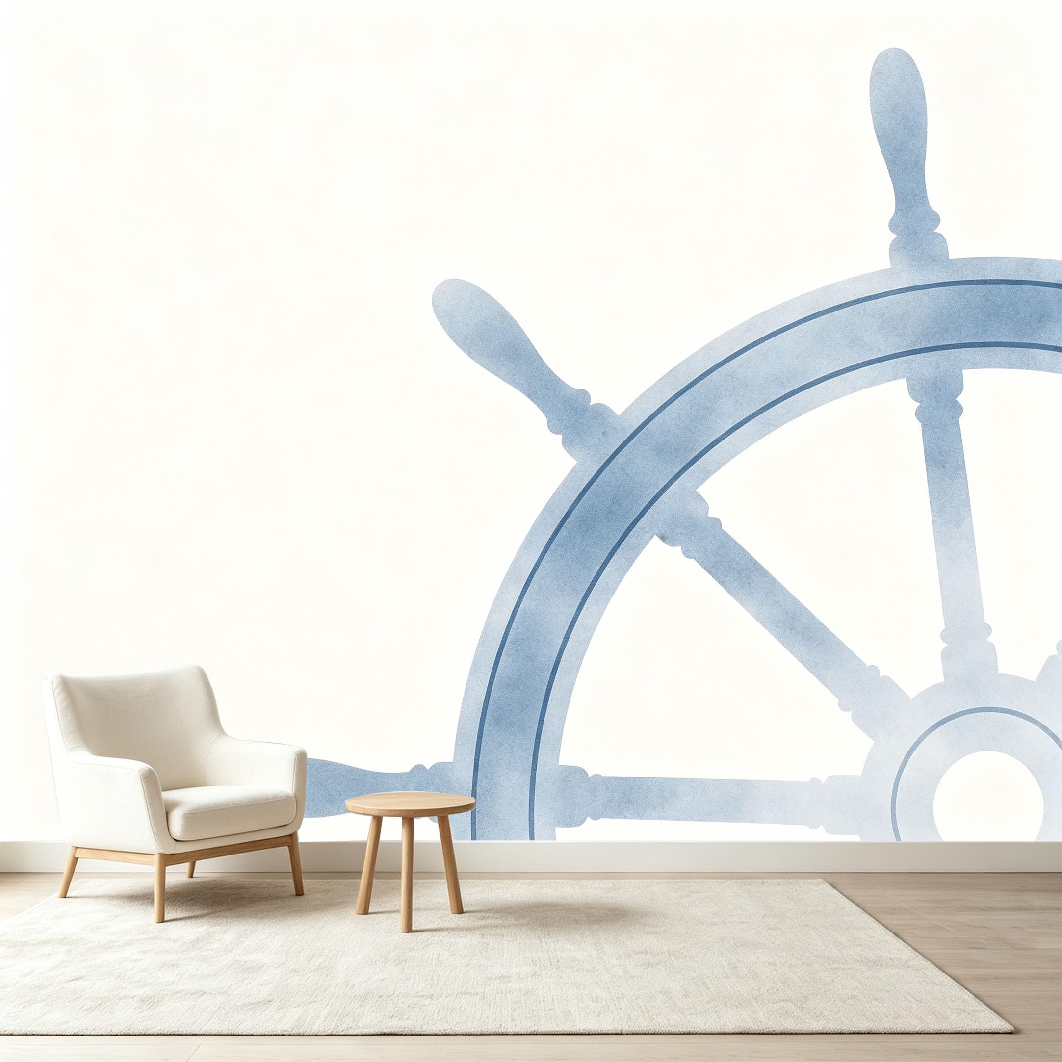 Custom Size Wall Murals Nautical Ship Wheel Ocean Seascape Watercolor Art Self-Adhesive Wall Fabric Removable Wallpaper Wall Decor for Living Room Bedroom Bathroom
