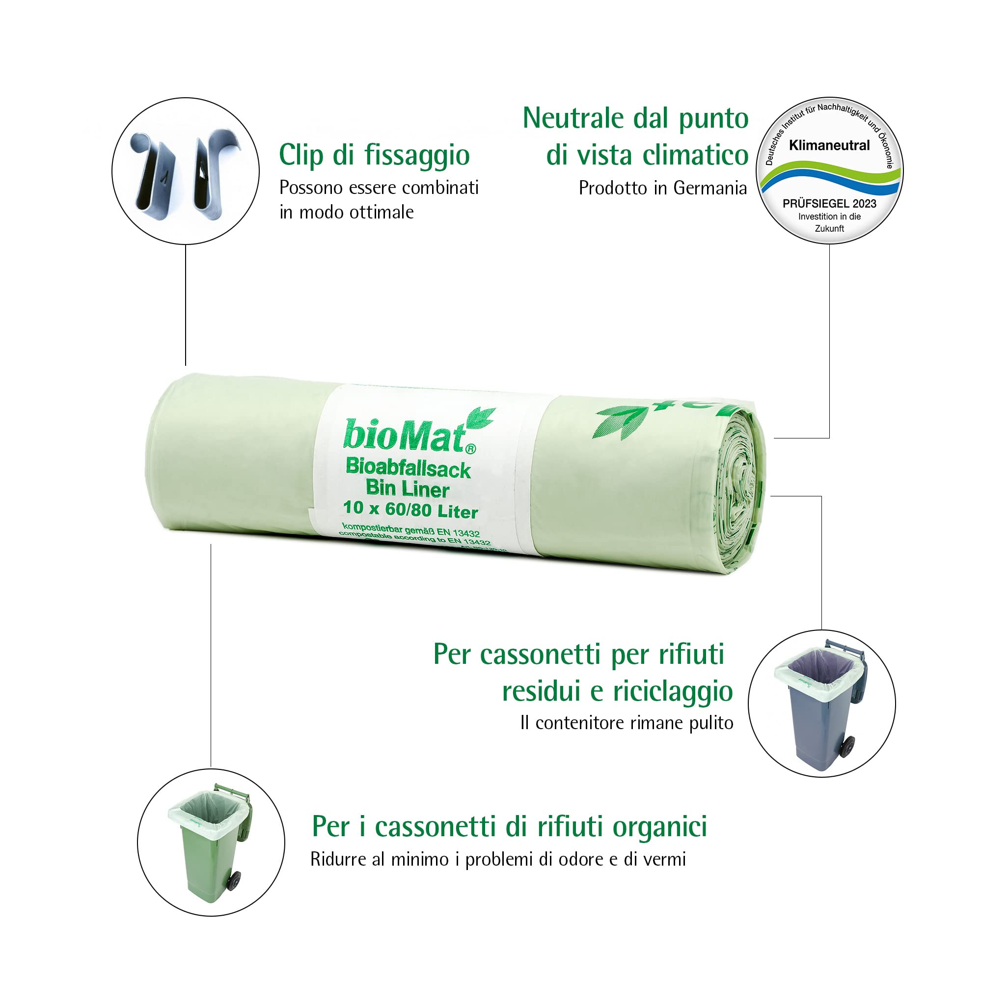 bioMat Sacchetti per la Spazzatura 80l Compostabili, 100 Sacchi per Bidone dell’ Umido, Bidone per Rifiuti Residui, Qualità Premium, Neutrali dal Punto di Vista Climatico, Made in Germany
