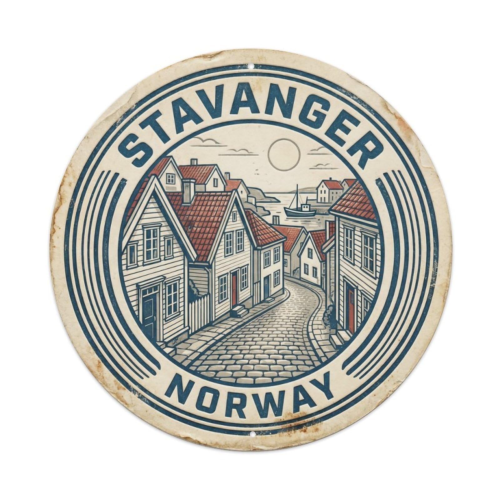 Retro Norway Stavanger Round Travel Vintage Metal Tin Sign Plaque Wall Decor for Cafe, Club Bar, Office, Garden Metal Poster 8x8Inch