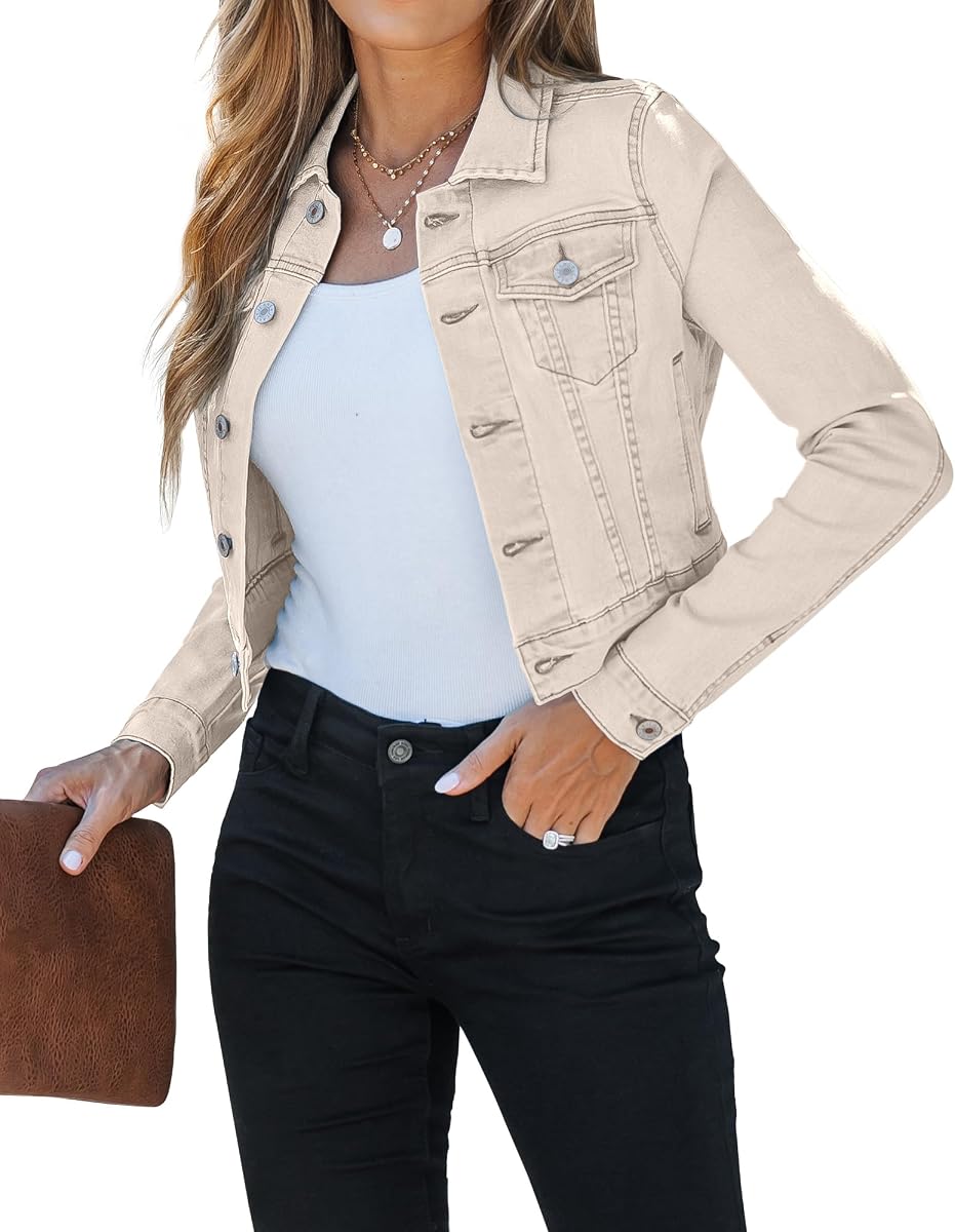 2026 Cropped Jean Jackets for Women Fashion Short Denim Shacket Jacket Lightweight Fitted Stretchy with Pockets