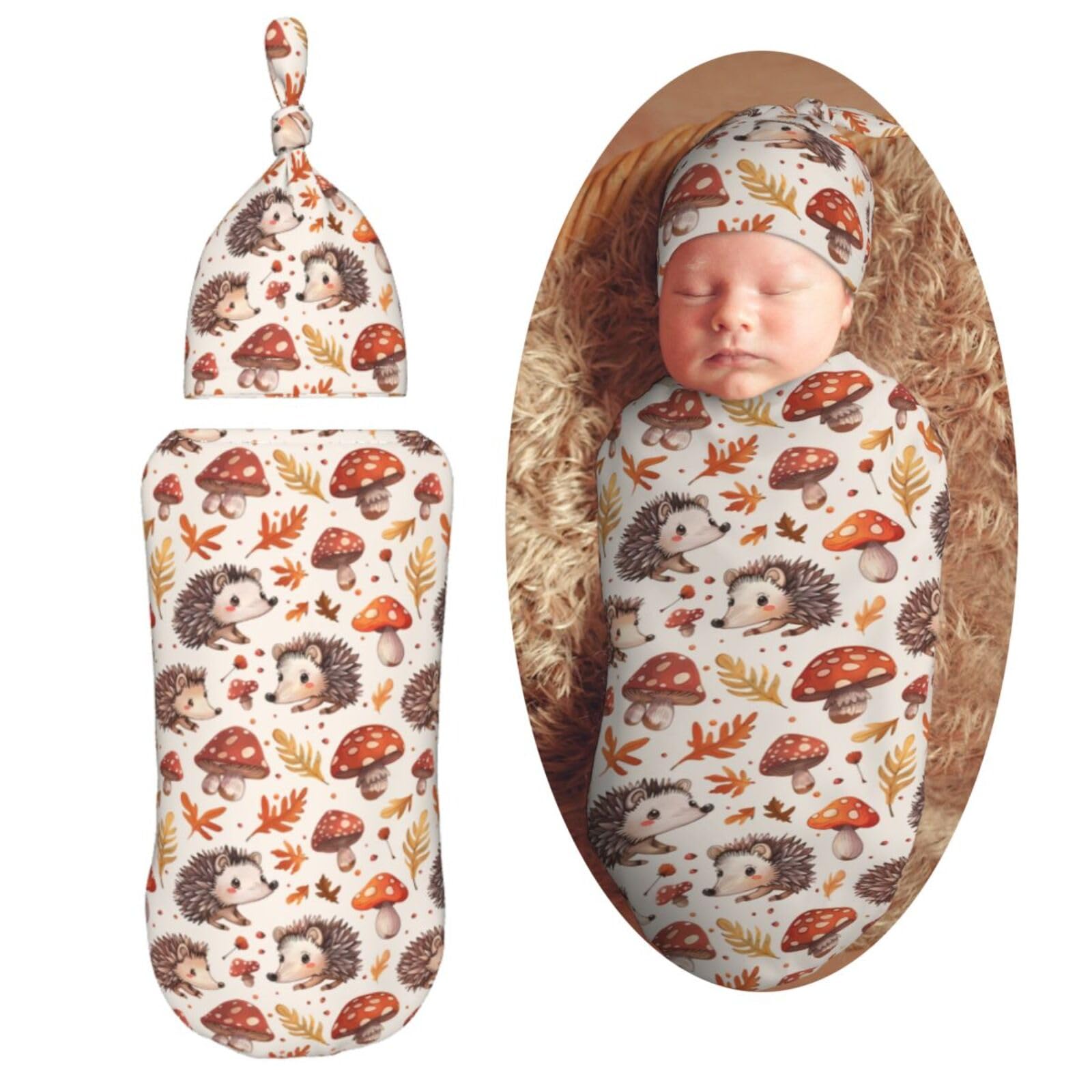 Baby Cute Hedgehog Mushrooms Newborn Swaddle Blankets Hat Sets Soft Baby Receiving Blanket Swaddle Sack for Baby Shower Infant Boy Girl Gift