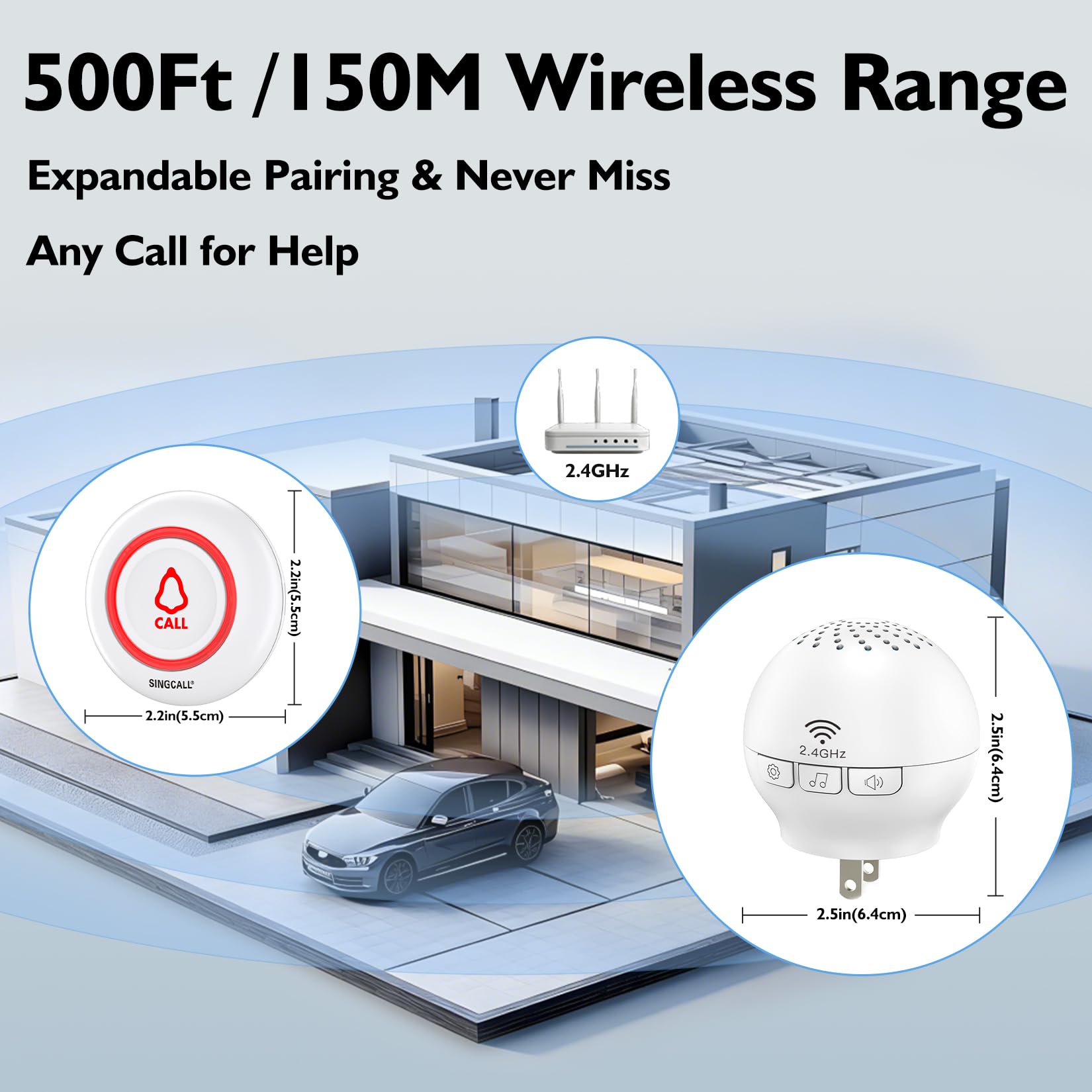 SINGCALL Tuya WiFi System de Llamada de Alarma(Actualización de Equipos) System de Alarma de pánico para Ancianos/Pacientes/discapacitados,Alarma de Llamada de Largo Alcance,1 Receptor+2 Botones