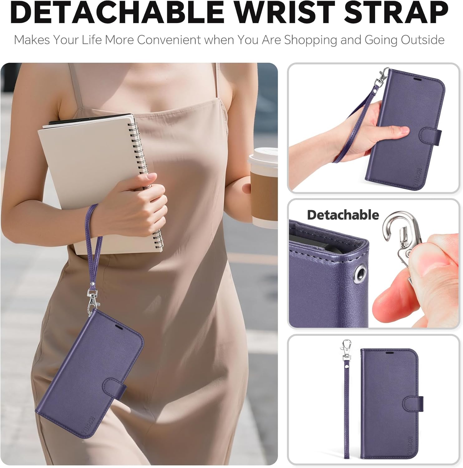 TUCCH 2-in-1 Removable Wallet Case for iPhone 17 Pro (6.3-inch) 2025, Wireless Charging | RFID Blocking 4 Card Holders | Wrist Strap | Kickstand | Magnetic | PU Leather Protective Cover | Deep Purple - Image 7